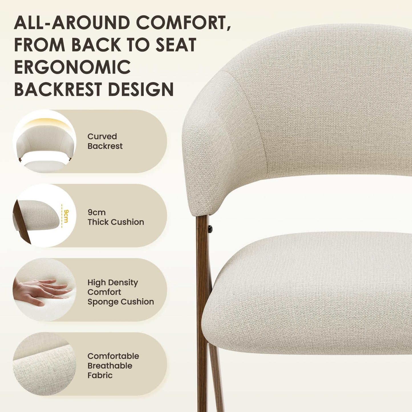 COLAMY Ergonomic Linen Dining Chair with 135° Recline, Breathable Cotton-Linen Fabric, Wooden-Look Metal Legs, 125kg Capacity