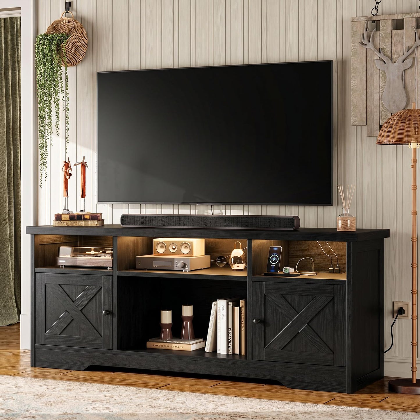 Coleshome Black TV Unit, TV Stand Cabinet with Sockets, USB and LED