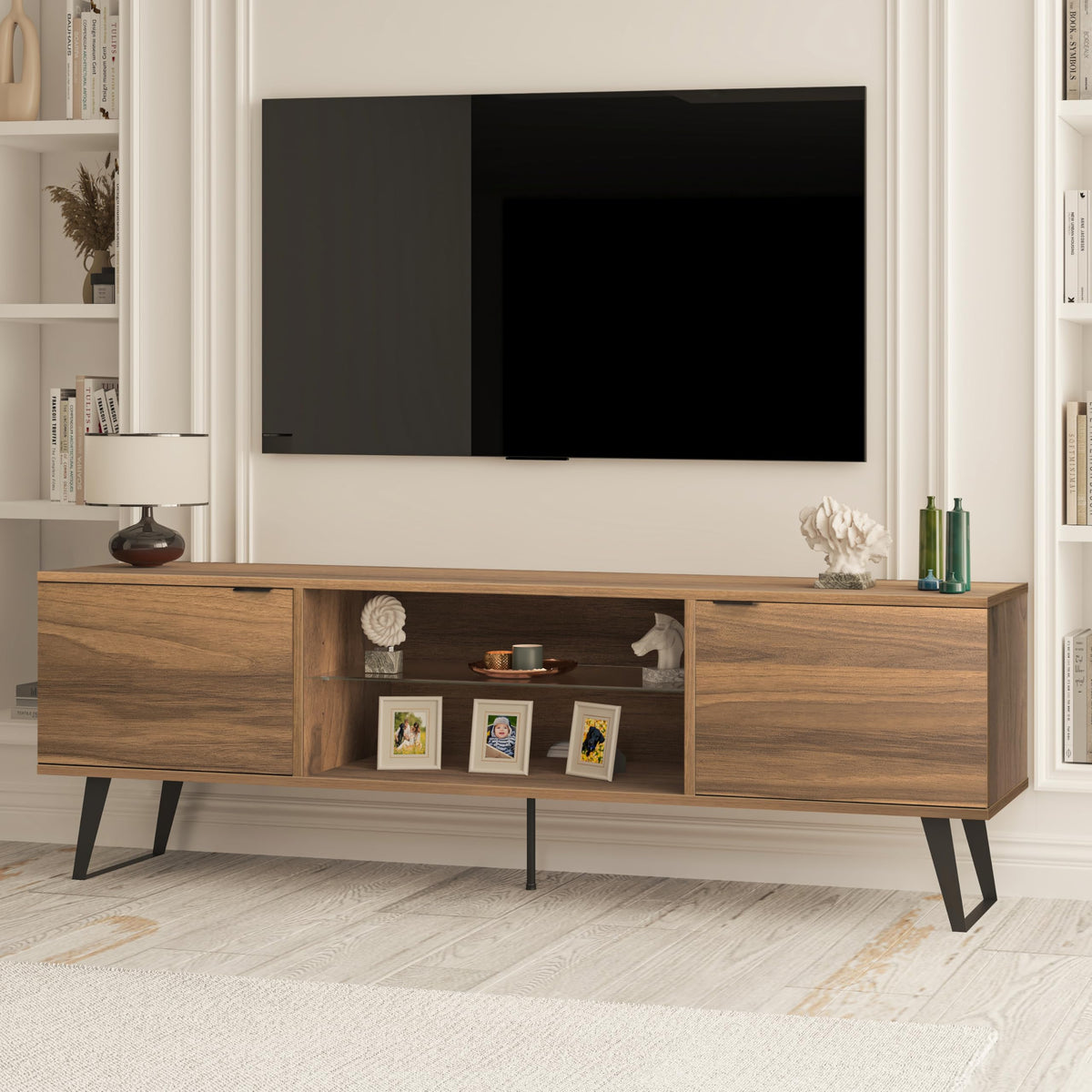 Uniqtrio TV Stand Cabinet | Walnut TV Unit with Glass Shelf | TV Cabinet | TV Stand Unit | TV Units for Living Room | TV Table |Soft Closing Hinges
