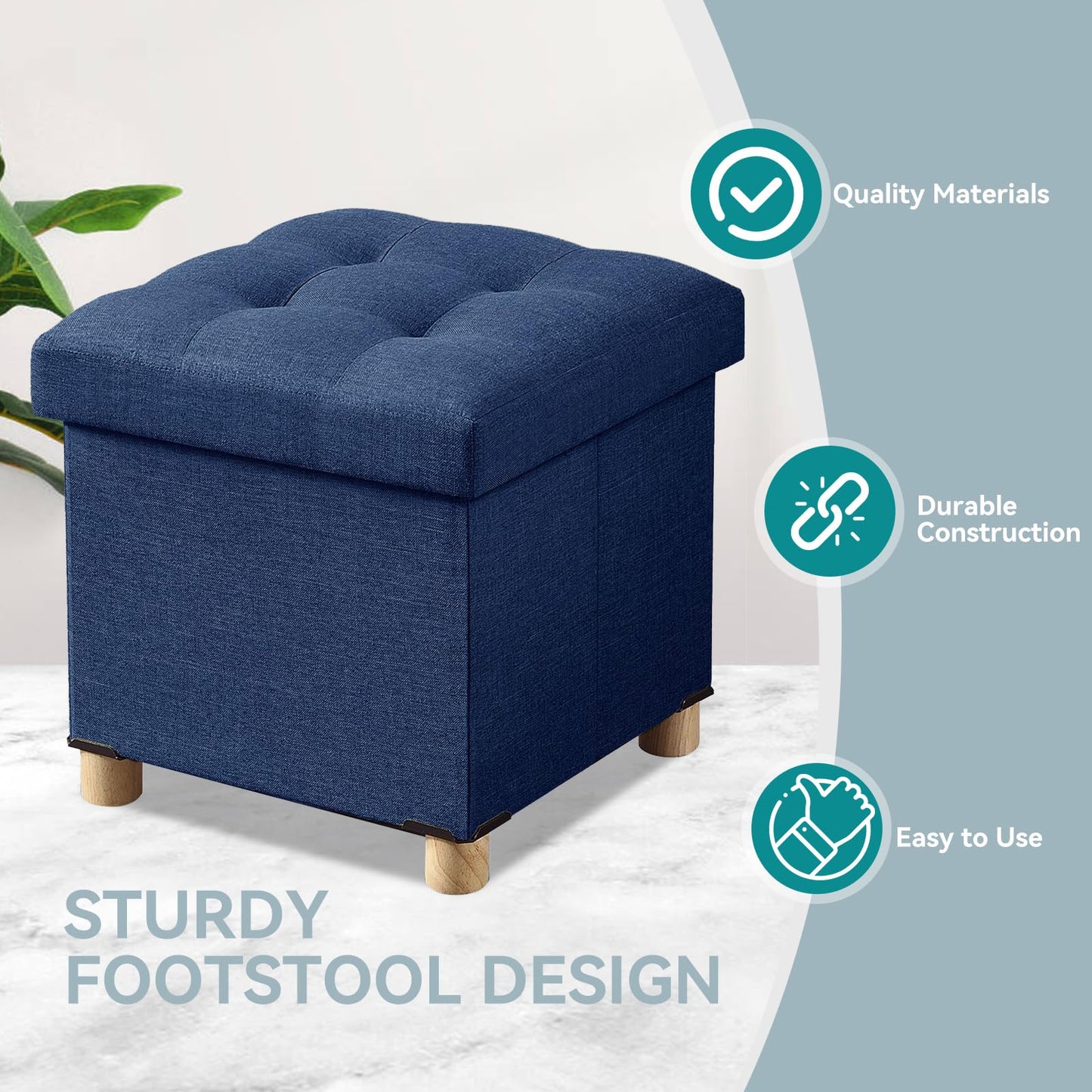 BRIAN & DANY Folding Storage Ottoman with Wood Legs, Linen Foot Stool, Storage Chest with Highly Elastic Sponge Filling, Navy Blue, 38 x 38 x 38 cm