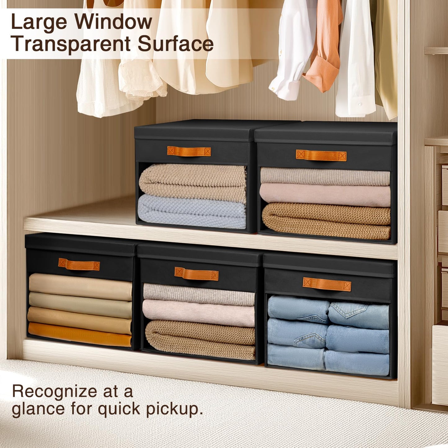 Homsorout Large Fabric Storage Boxes with Lids & Clear PVC Window Black 38L