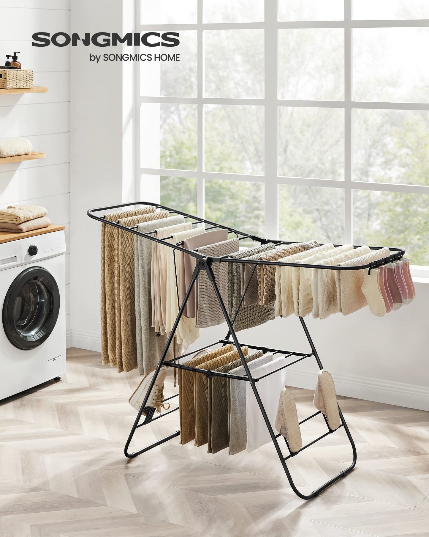 SONGMICS Clothes Airer, Foldable Clothes Drying Rack, Clothes Horse with Height-Adjustable Wings, Free-Standing Laundry Drying Rack, Indoor and