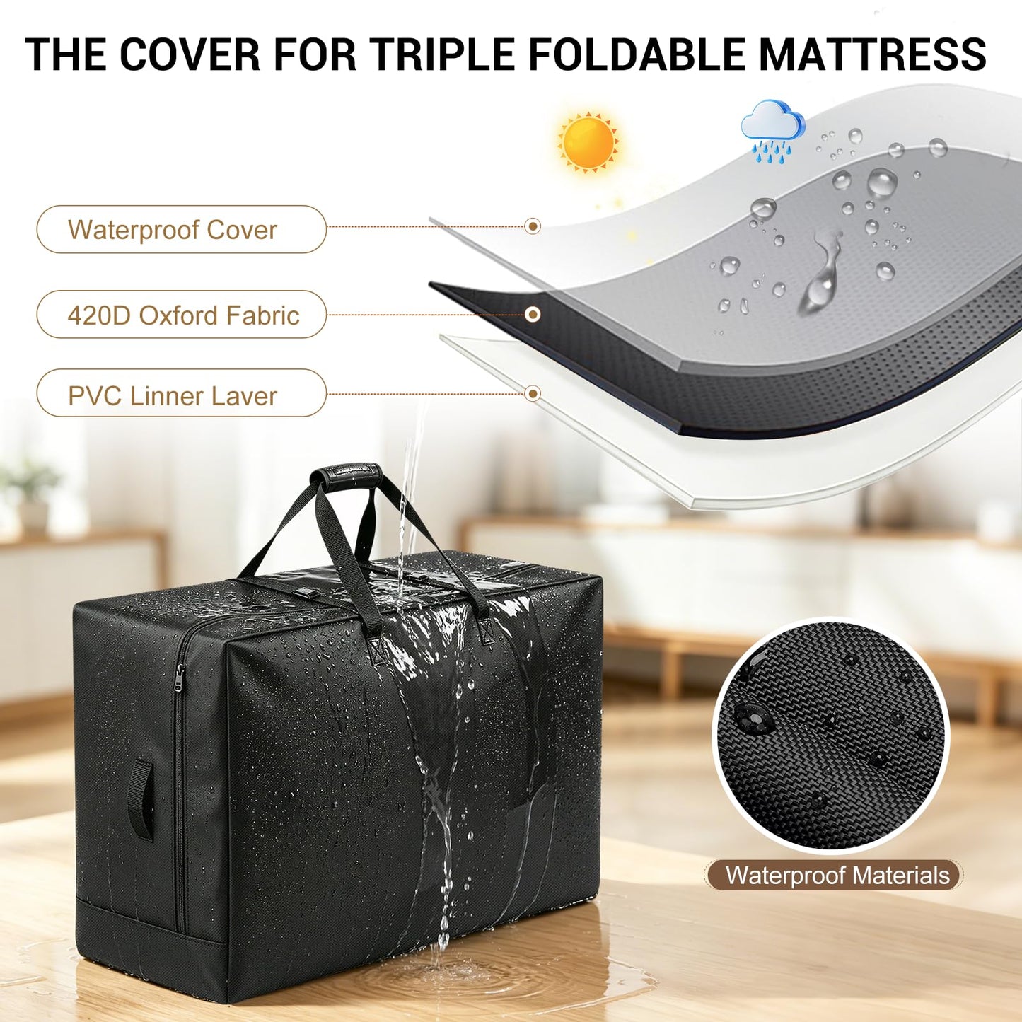 Foldable Mattress Bags, 500D Heavy Bag for 4-Fold Mattress 135x50x65cm