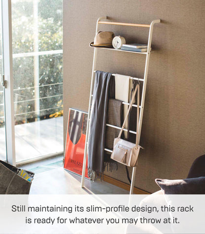 Yamazaki 3871 TOWER Ladder Hanger with Shelf, White, Steel/Wood, Minimalist Design, 66 x 30～38 x 160 cm LxWxH