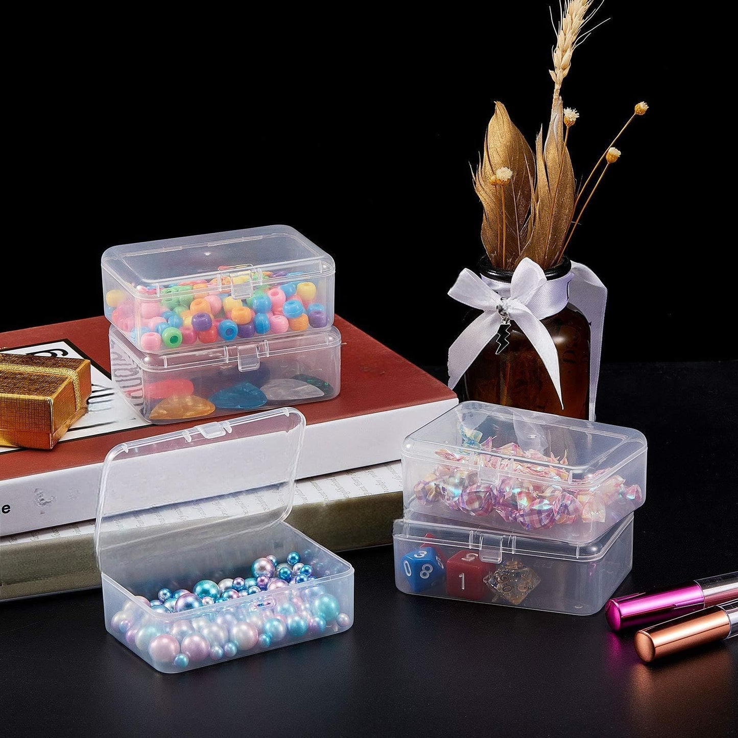 SATINIOR 12 Pack Clear Plastic Beads Storage Containers Box with Hinged Lid for Beads and More (3.54 x 2.36 x 1.26 Inch)