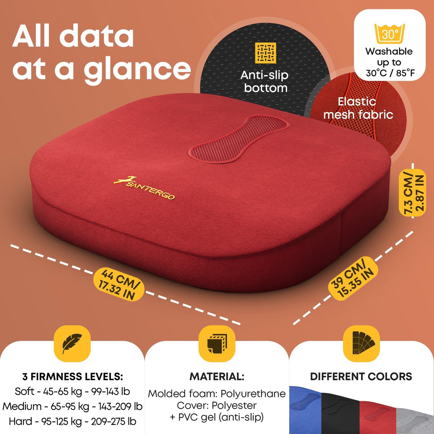 SANTERGO Orthopedic Seat cushion [PATENTED & STABLE] Lumbar Coccyx | Seat cover office chair car wheelchair | seat cushion, ergonomic back cushion