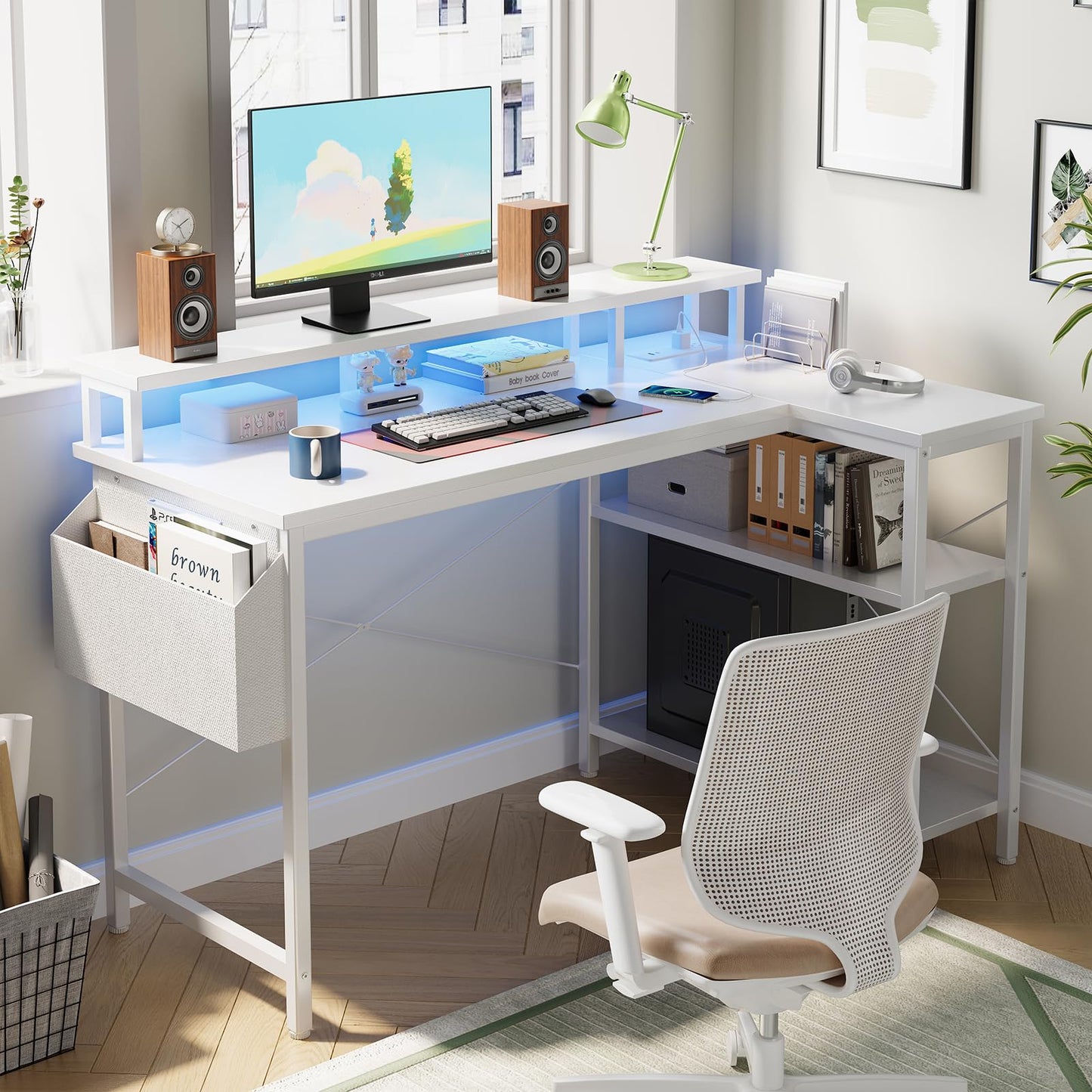 Grandder L Shaped Desk with LED Lights & Power Outlets, 100 cm Gaming Desk with 2 Shelves, Computer Table with Monitor Stand, Home Office, White