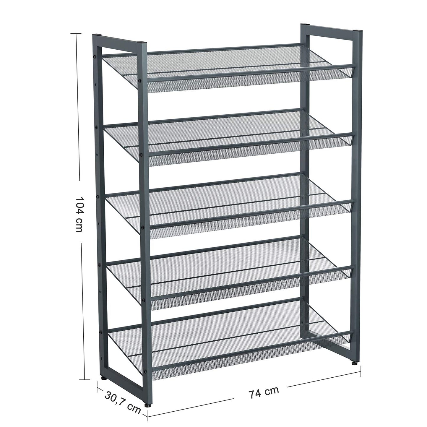 SONGMICS Shoe Rack, 5-Tier Stackable Shoe Storage Shelf, Metal Shoe Organiser with Adjustable Flat or Angled Shelves, 30.5 x 74 x 103.8 cm, Holds