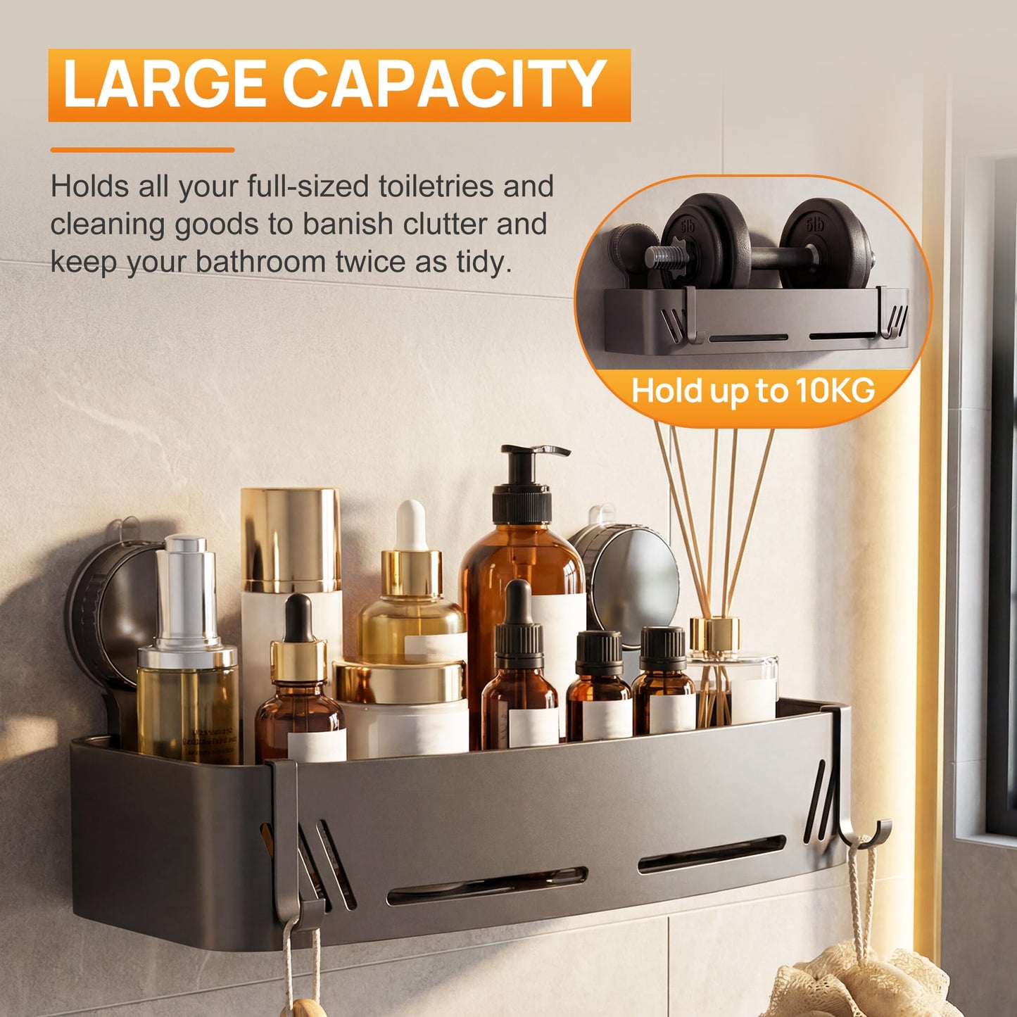 PHX Grove Gun Grey Shower Caddy, 2 Pack Suction Cup Shelves with Hooks