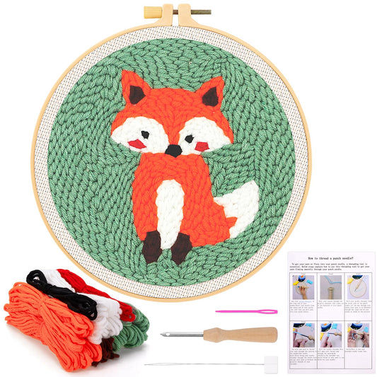 JSRQT Punch Needle Kit for Adults Beginners DIY Punch Needle Kits with Fox Pattern Handcraft DIY Embroidery Starter Kit Craft with Instructions Hoop