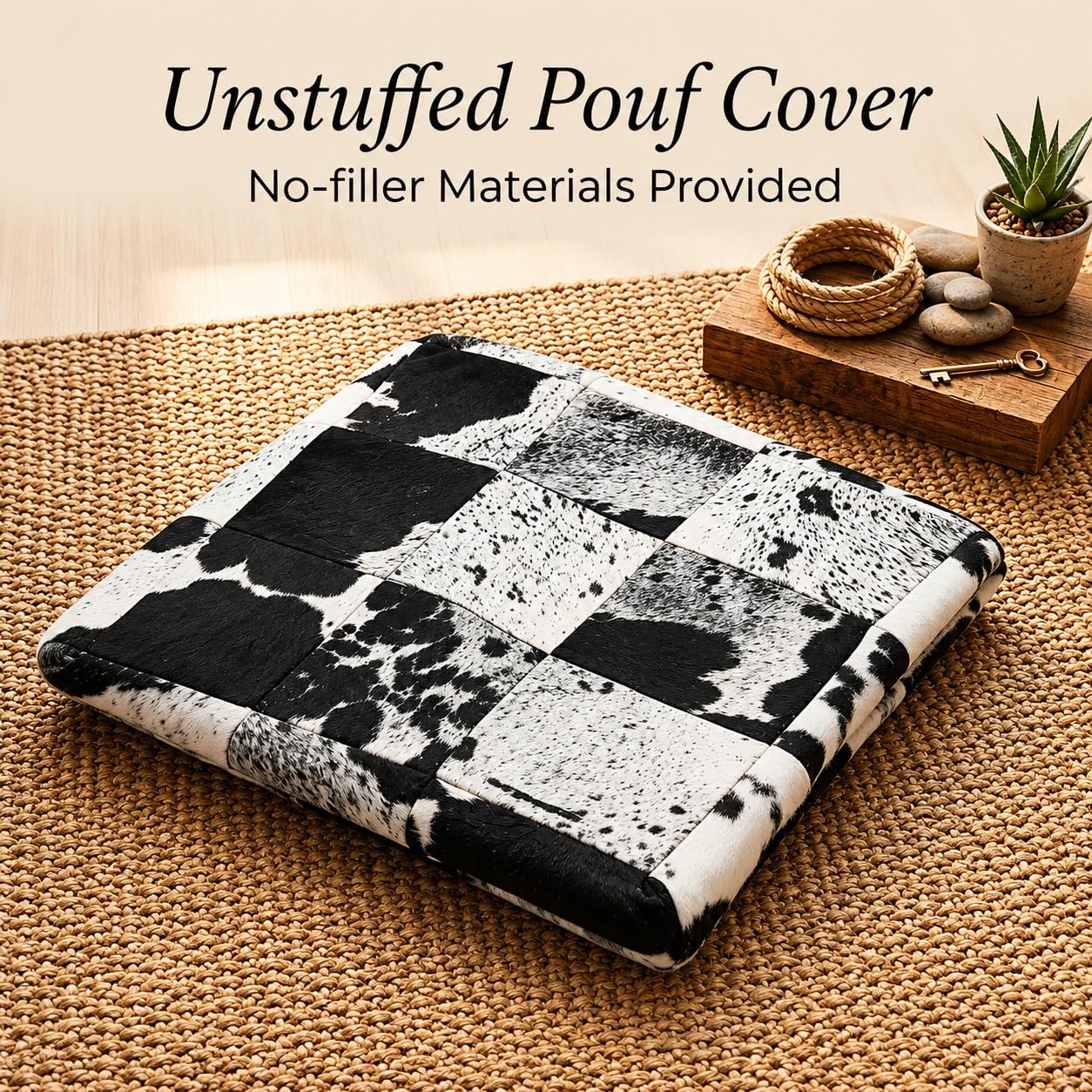 Heaven Hush Unstuffed Pouffe Cover Ottoman Handmade Hair-on Leather Pouf Cover only Genuine Cowhide Square Footrest Footstool Seat for Balcony Office