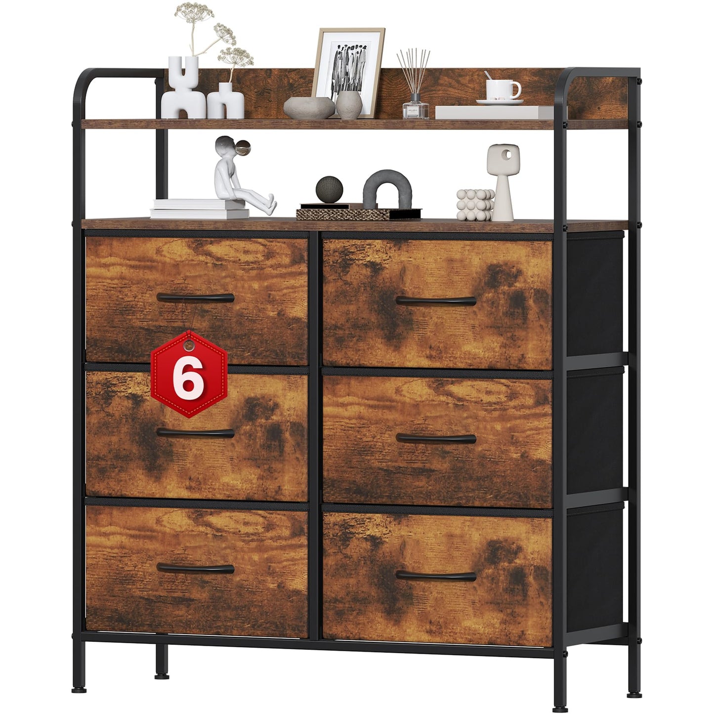 Feonase 6 Drawer Fabric Chest Of Drawers, Double Wooden Top Fabric Storage Tower - Sturdy Steel Frame Dresser for Bedroom/Living Room/Baby Room