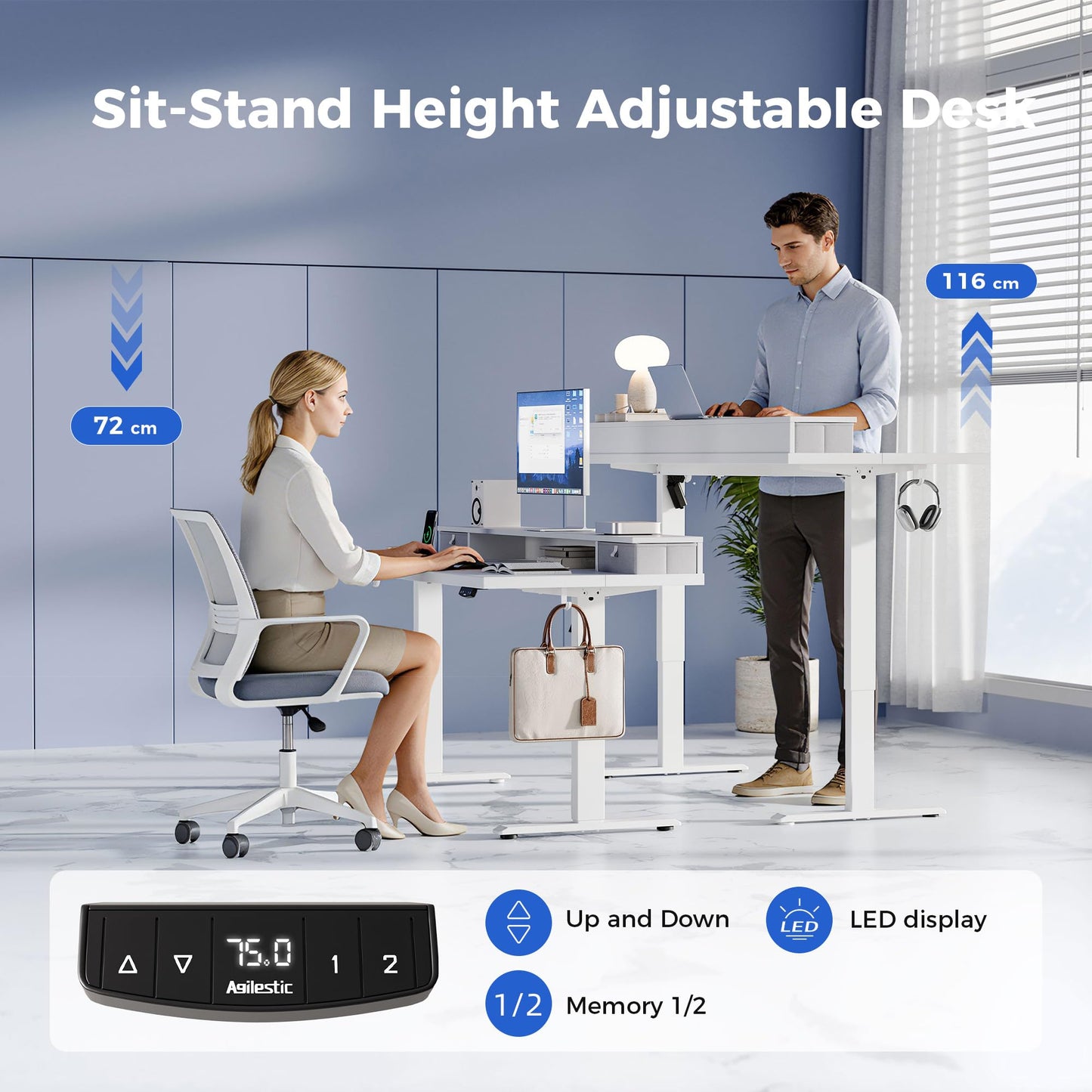 Agilestic Electric Adjustable Height Desk, with 2 Fabric Drawers, 160x60cm