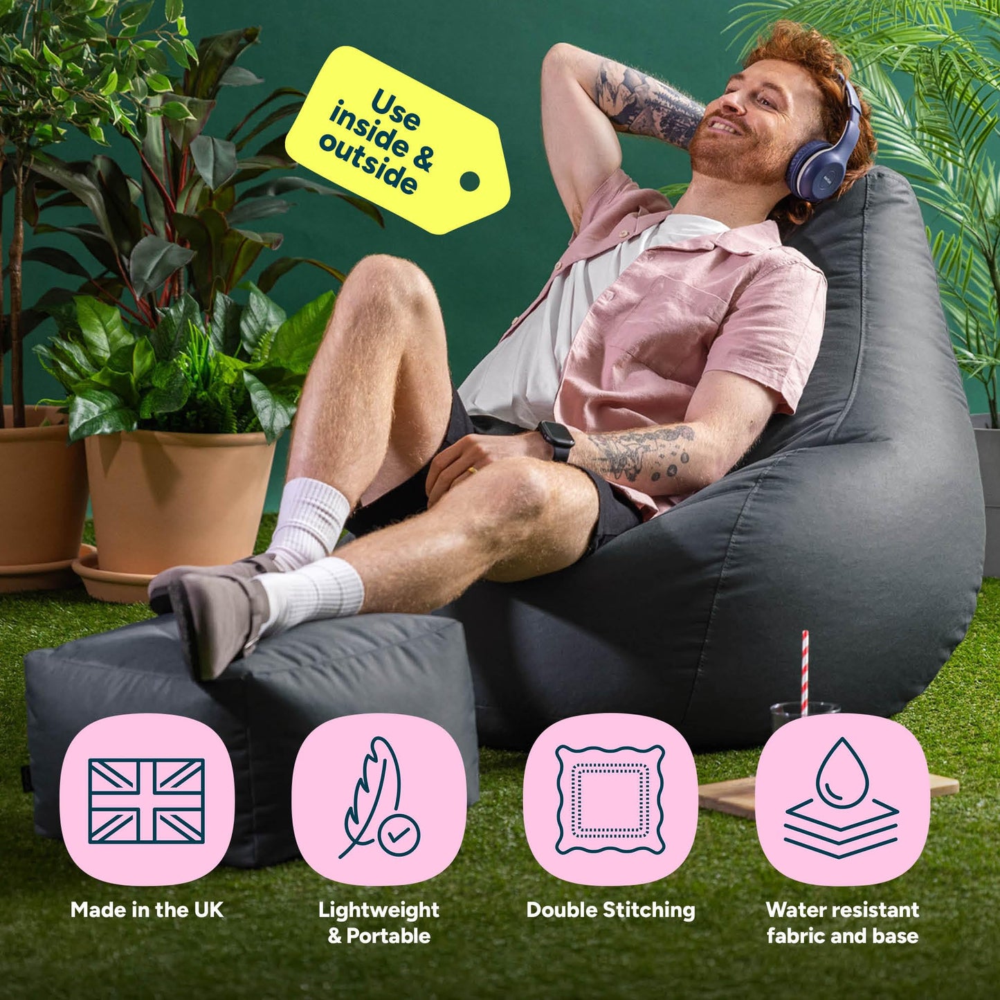 Bean Bag Bazaar Outdoor Bean Bag & Footstool with Filling Included, Grey