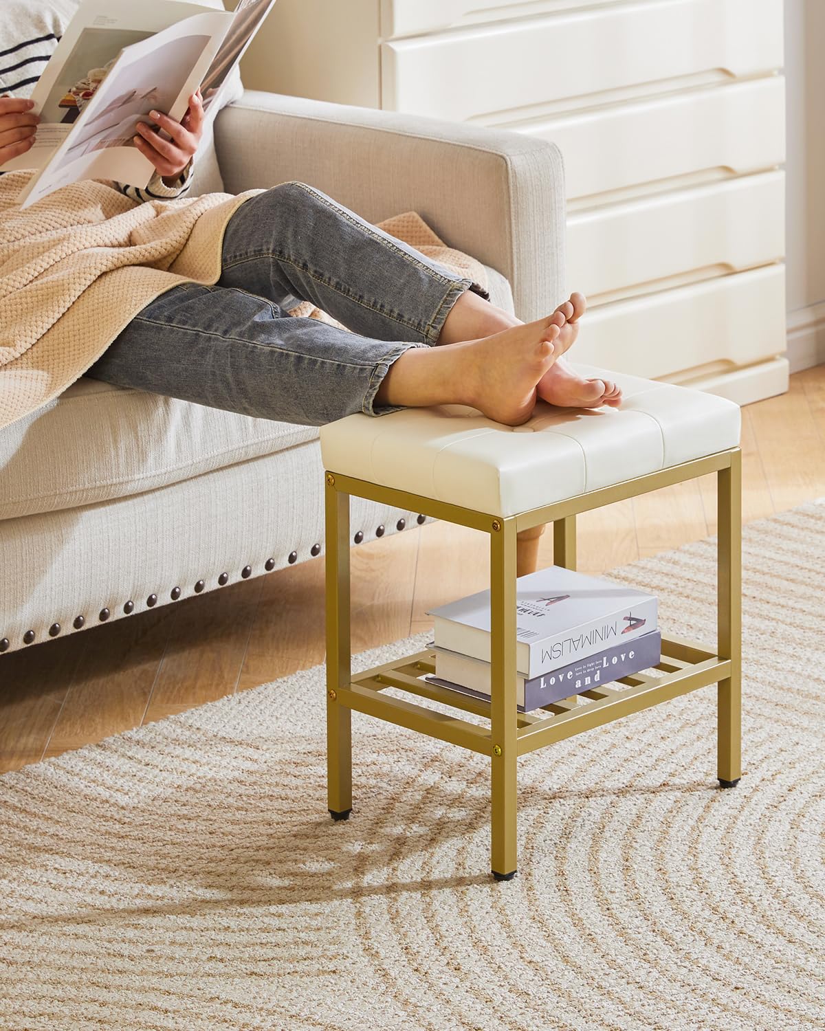 IBUYKE Rectangular Makeup Stool, PU Seat Vanity Chair, White WBD017W