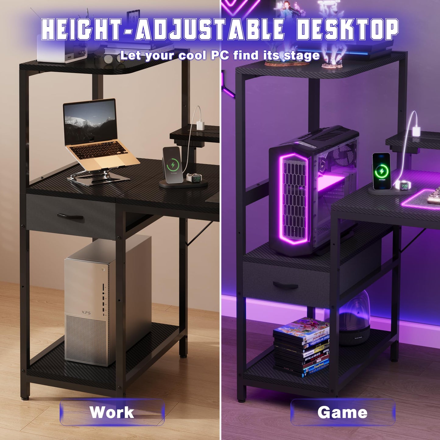JUMMICO 140×60cm Gaming Desk with Power Outlet & LED Lights, Reversible L-Shaped Computer Desk with Monitor Stand, Storage Drawer & Shelves