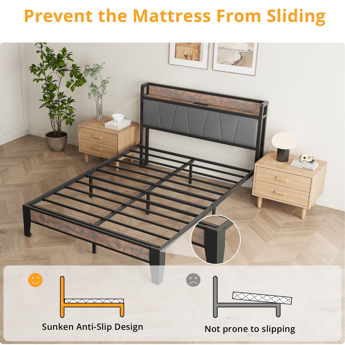 IRONCK Double Bed Frame with Storage Shelf Upholstered Headboard, Platform Bed Frame with Charging Station, Metal Bed Frame/UnderBed Storage