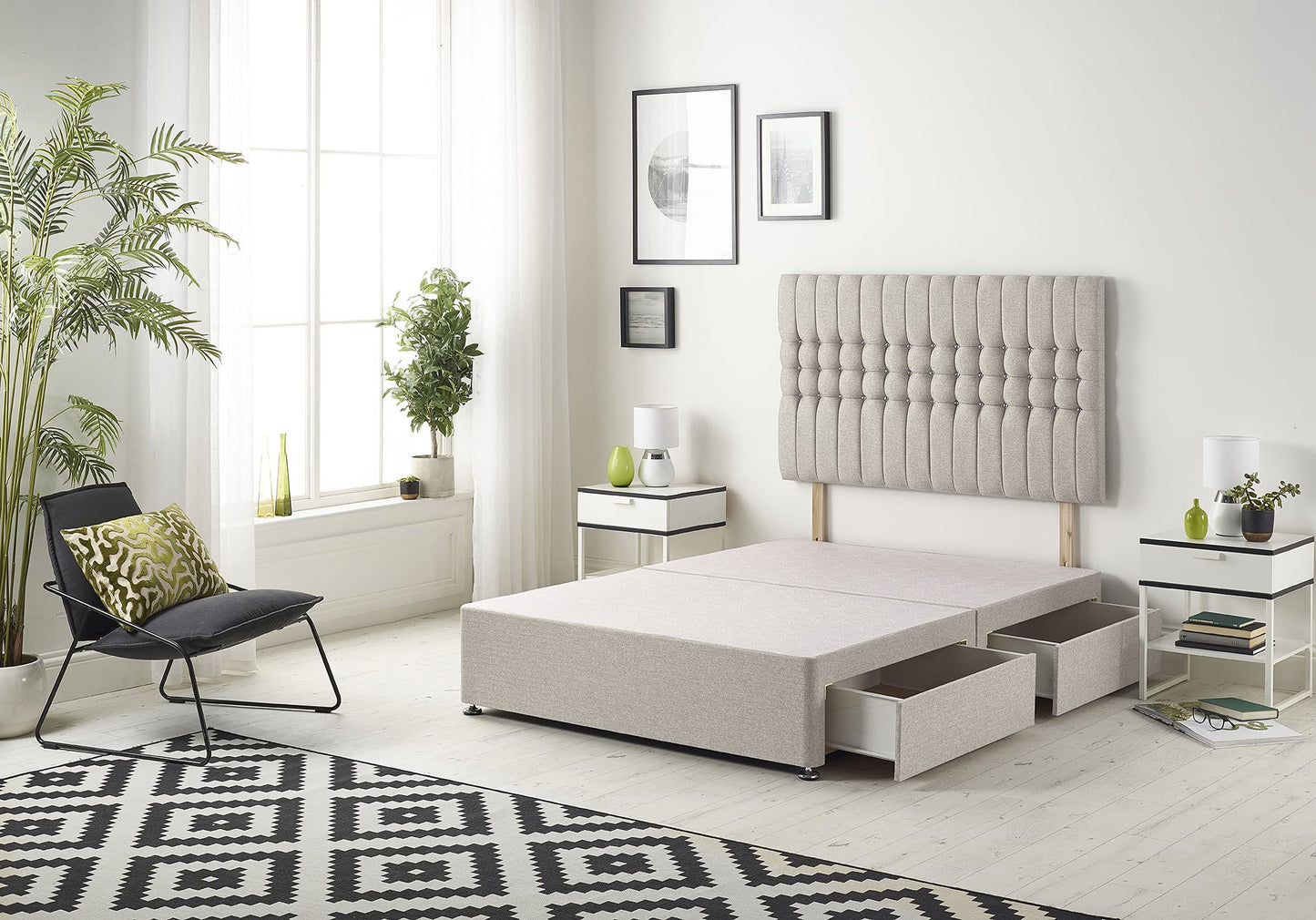 Bed Centre Galaxy Divan Base with 2 Drawers (Same Side) and Matching Headboard, Fabrics and Colours (3FT Single, Plush Silver)