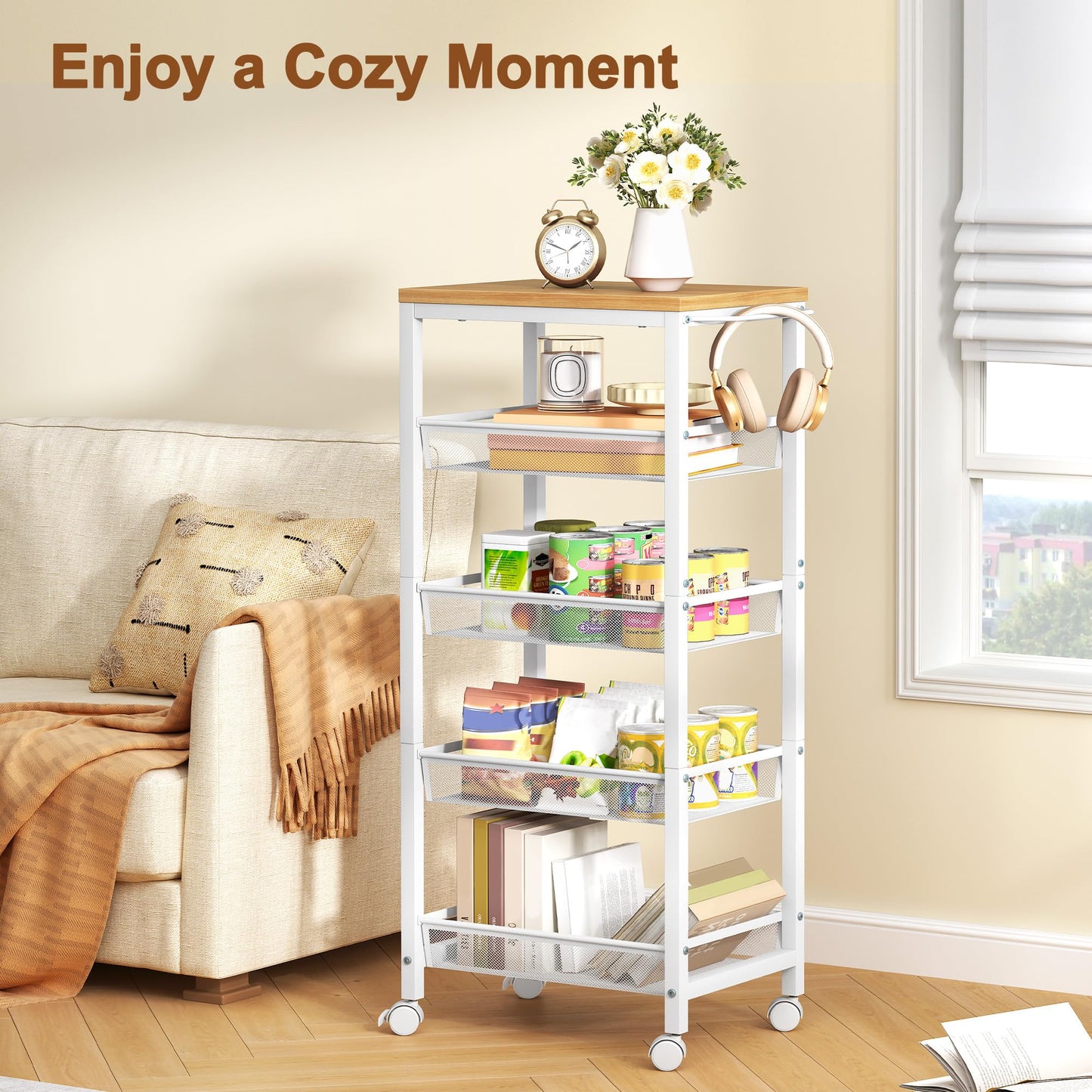 Hoctieon Slim Rolling Storage Cart, 5-Tier Narrow Kitchen Storage Cart with Handle & Wheels, Mobile Shelving Unit, Wooden Top & Metal Frame