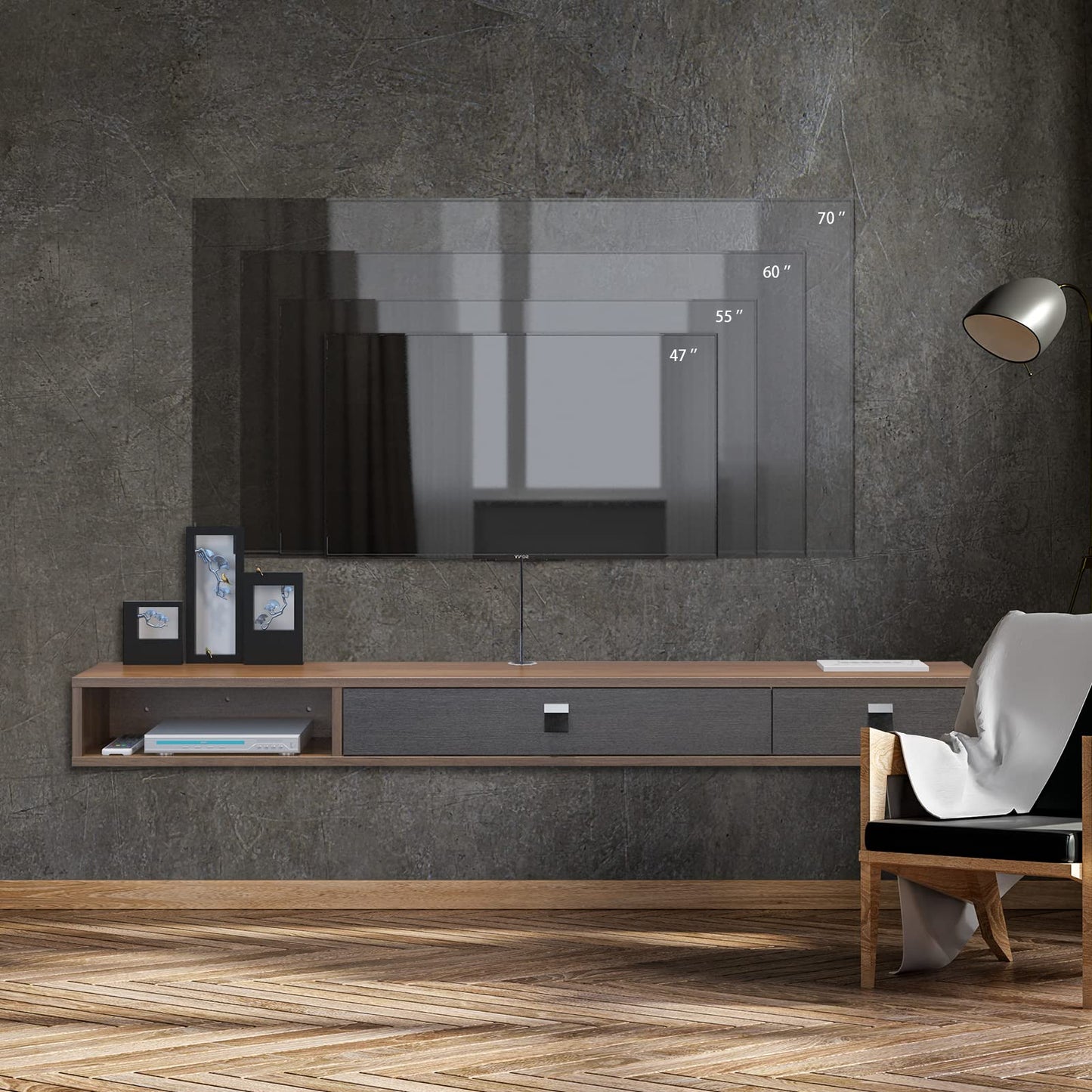 Pmnianhua Floating TV Unit, 47'' Wall Mounted TV Cabinet, Floating Shelves with 2 Doors