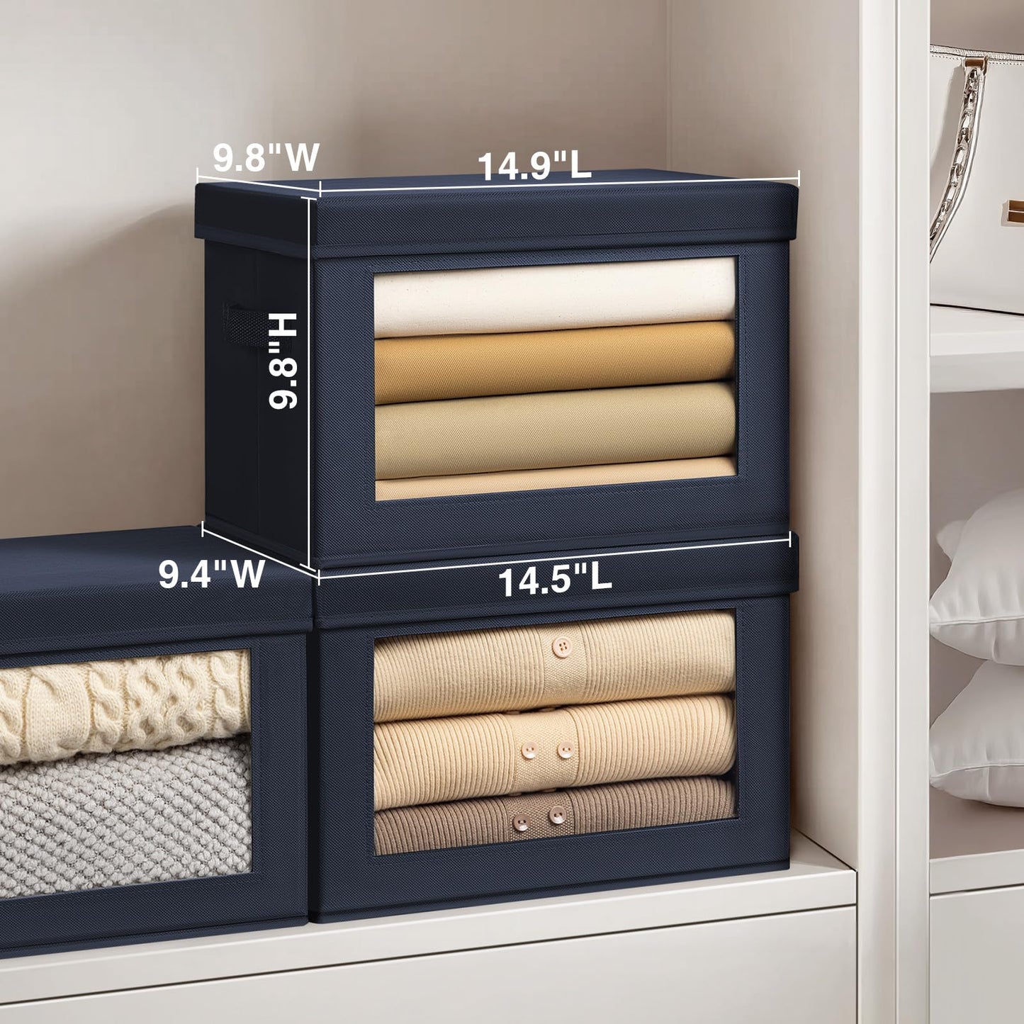 Homsorout Foldable Storage Boxes with Lids - 4 Pack Storage Cubes with Transparent Window Fabric Storage Organiser Box for Clothes, Books, Wardrobe