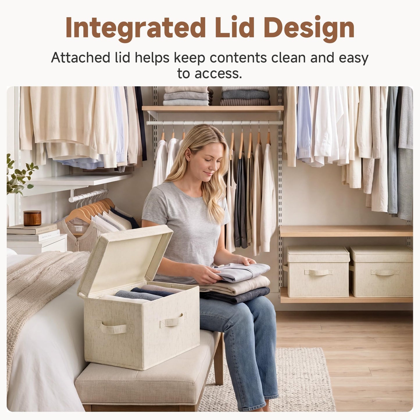 StorageWorks Storage Boxes for Shelves, Fabric Storage Boxes with Lids, Bedroom Storage Baskets with Handles