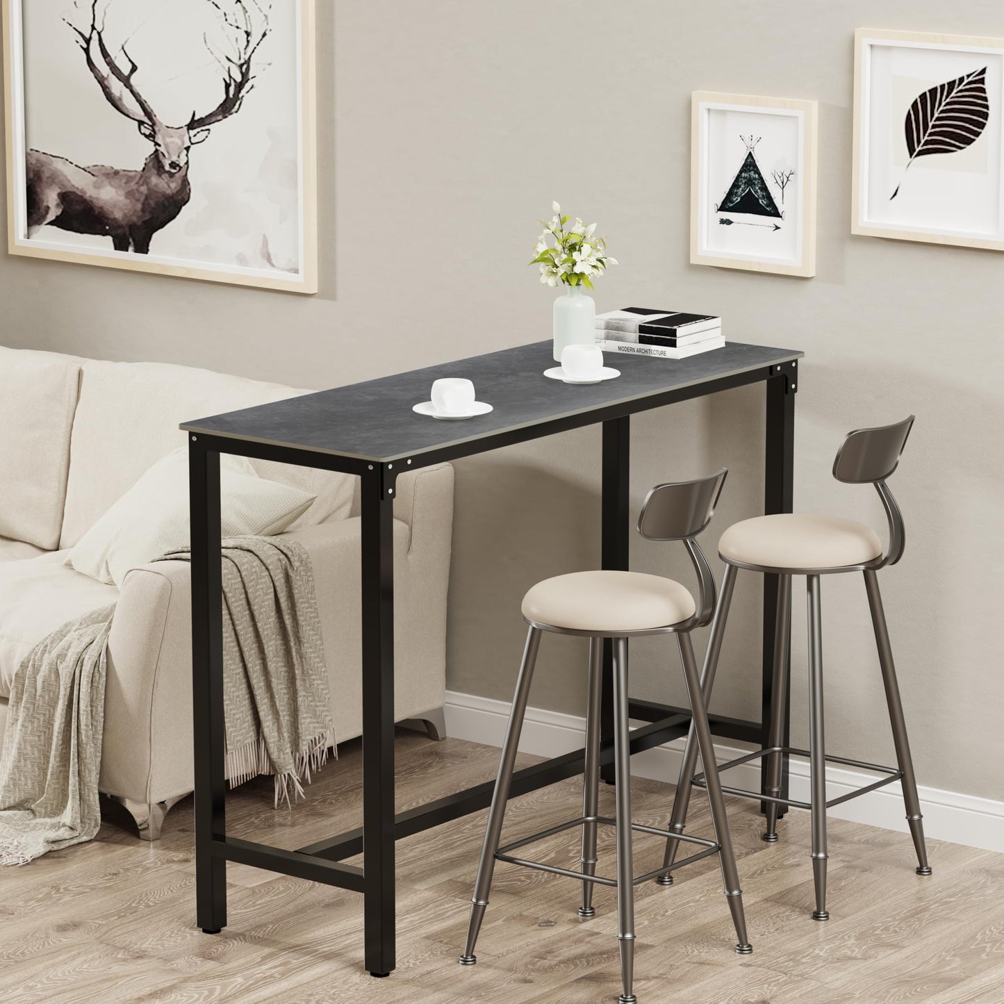 FATIVO 120cm Rectangular Bar Table Sintered Stone Marble Top, 105cm Height