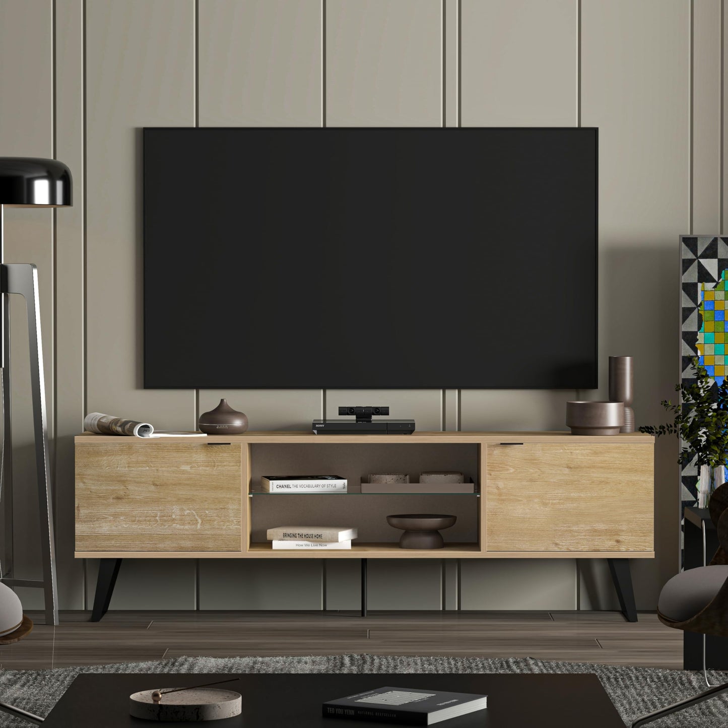 Uniqtrio TV Stand Cabinet | Walnut TV Unit with Glass Shelf | TV Cabinet | TV Stand Unit | TV Units for Living Room | TV Table |Soft Closing Hinges