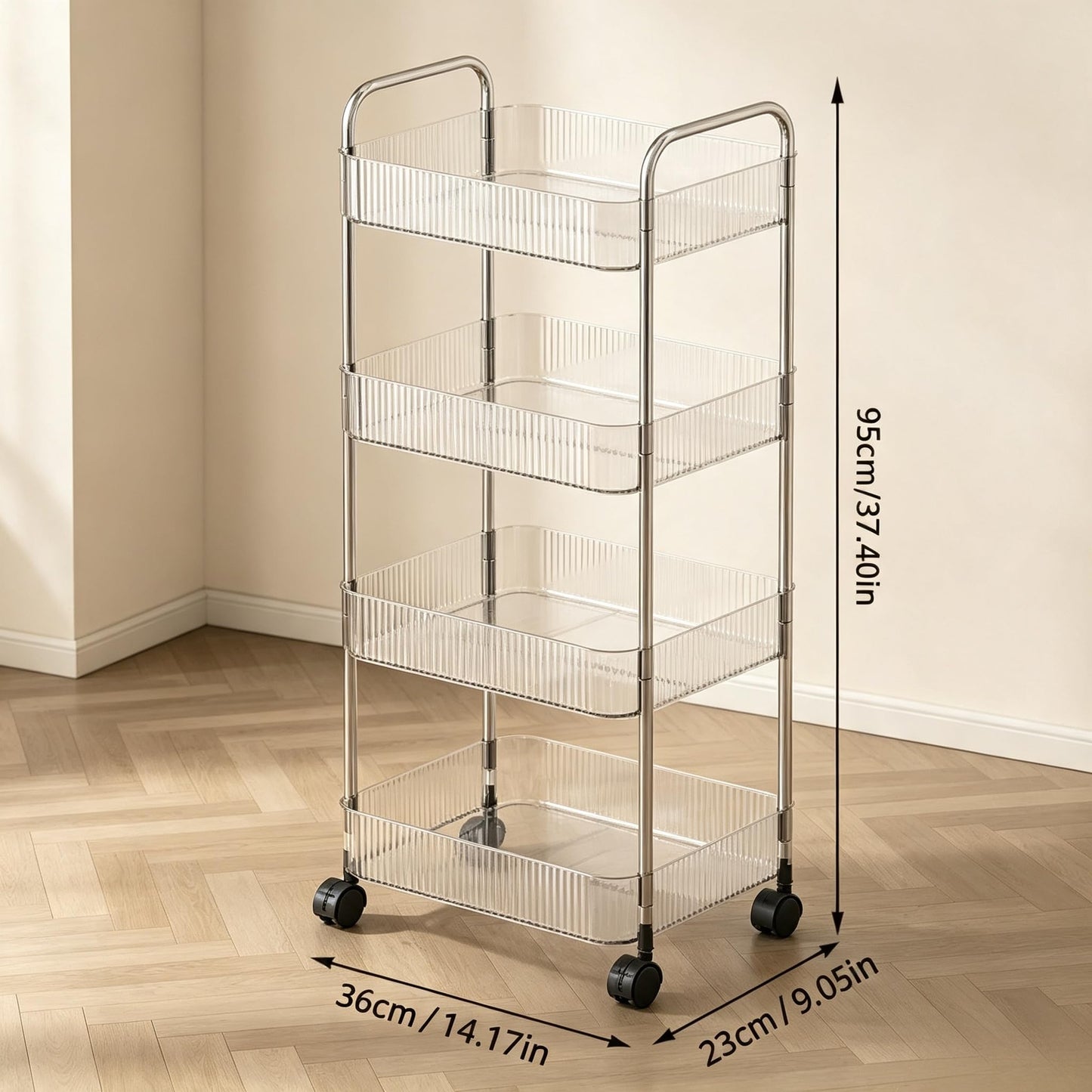 Guyi-Duck Clear Acrylic Storage Cart with Wheels, Transparent Rolling Organiser Trolley for Kitchen, Bathroom, Office and Home Corner