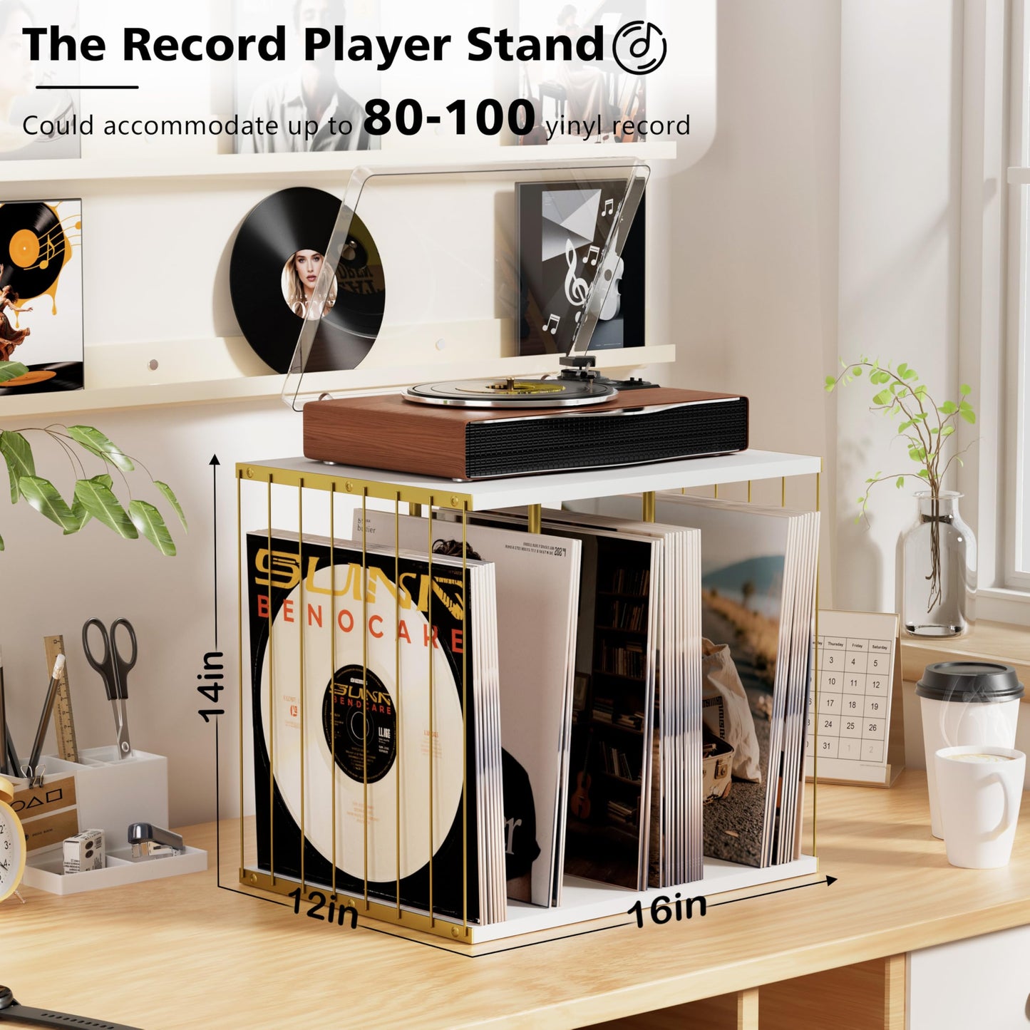 Emfogoo Vinyl Record Storage, Metal & Wooden Vinyl Record Holder Up to 80 LP Albums, 3-Compartment Record Player Stand for Magazine, Book, Files