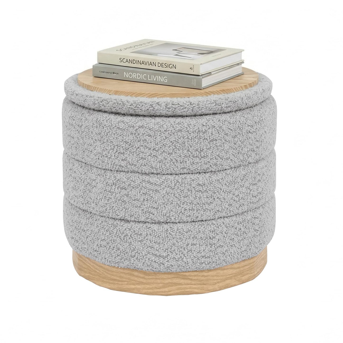 PINPLUS Round Chenille Storage Ottoman, Tray Top, 39x39x37 cm, Silver Grey