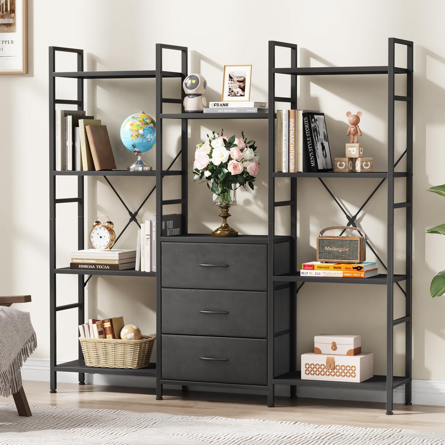 OYRREU 4-Tier Bookcase with Drawers, 120cm Wide Black Shelving Unit