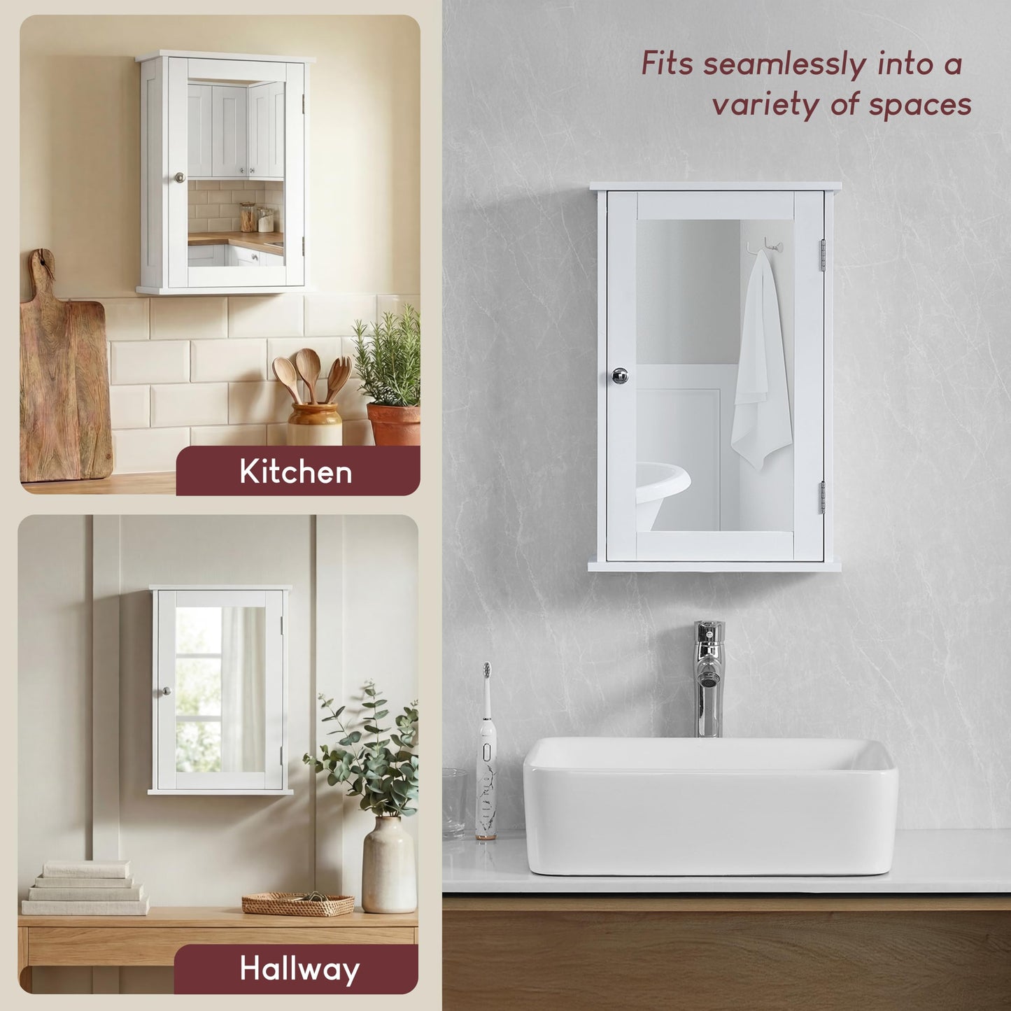 Bath Vida Priano Bathroom Cabinet Single Mirrored Door Wall Mounted, White
