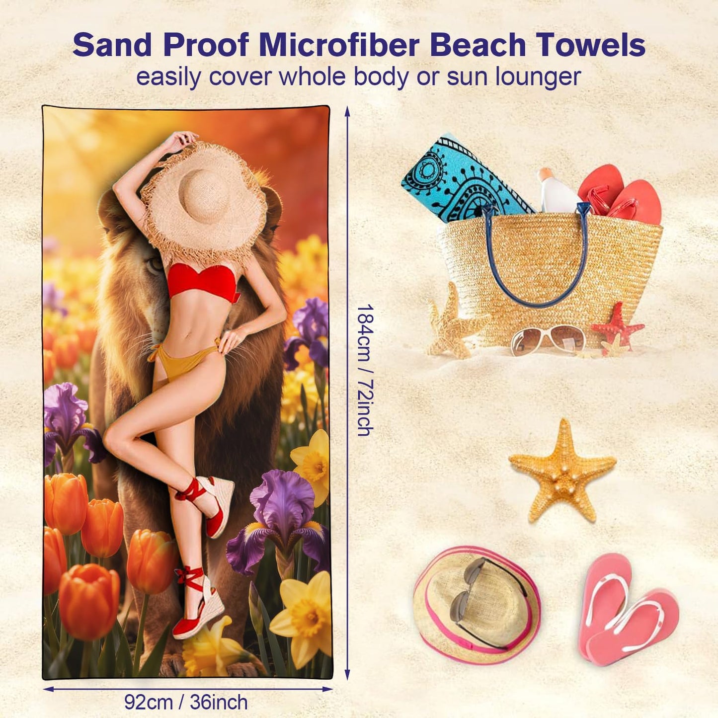 Violetpos Lion in Tulips & Irises Beach Towel, Extra Large 180x90 cm 250GSM Microfibre, Sand Free Quick Dry