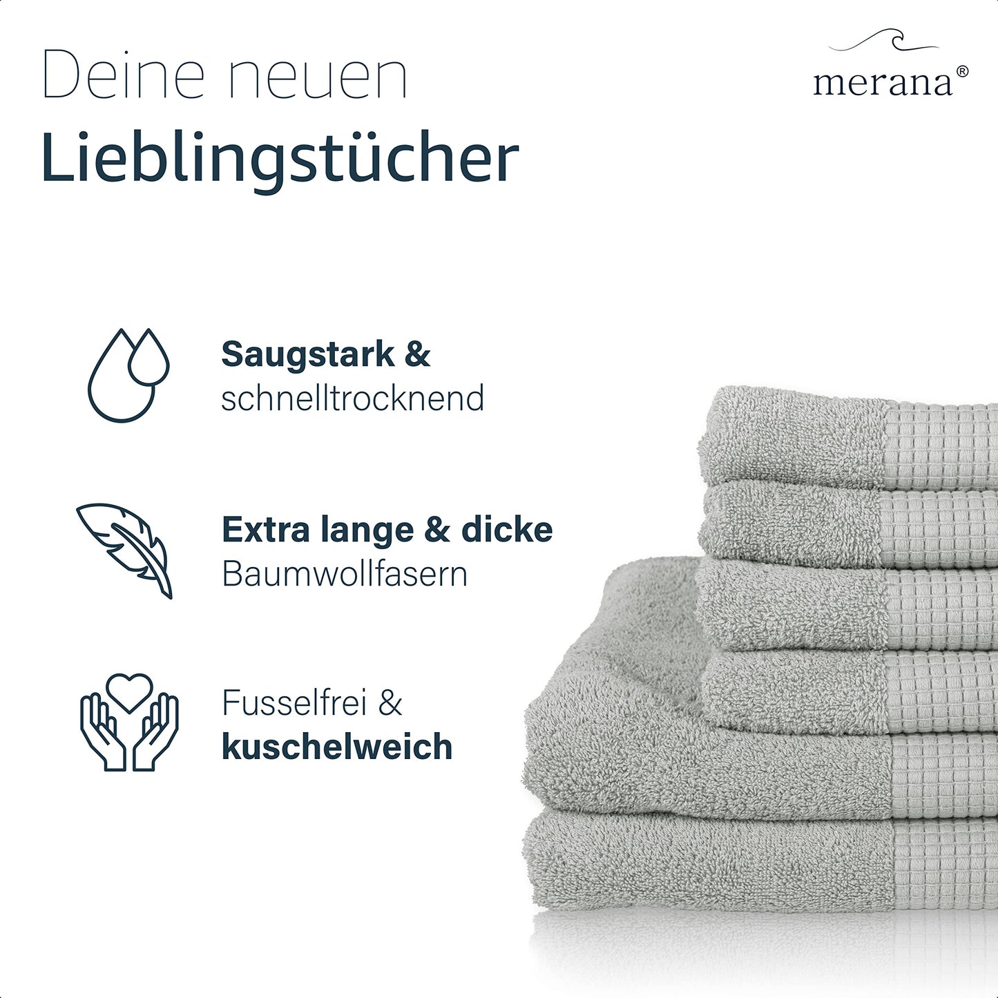 Merana Hand Towel Set, Absorbent, Soft and Lint Terry Towel Quality Made of Heavy Organic Cotton 590 GSM (Dolphin Grey, 2 x Bath Towels (70 x 140 cm)