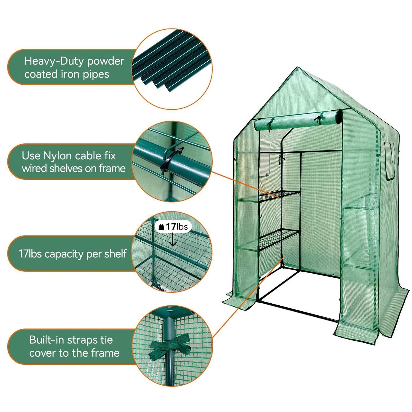 Grandhom Walk In Greenhouse With Shelves,Walk-In Plant Plastic Green House With Durable Green PE Cover, 3 Tiers 6 Shelves Greenhouse Frame Stands with