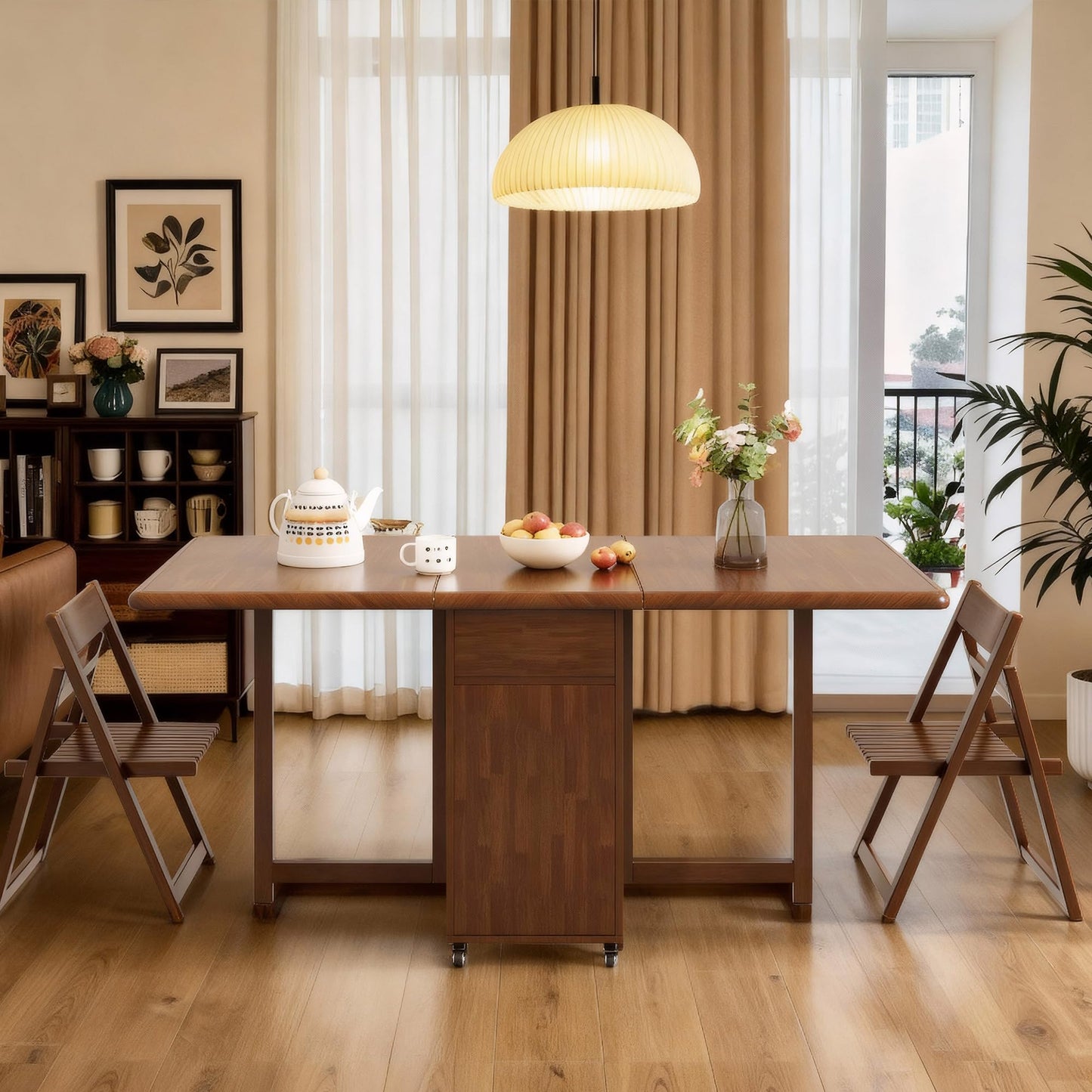 GildedGrove Walnut Foldable Dining Table Retro Design, Mobile on Casters with Storage Compartment, Space-Saving 1.3/1.5 Metre Long Table for Kitchen
