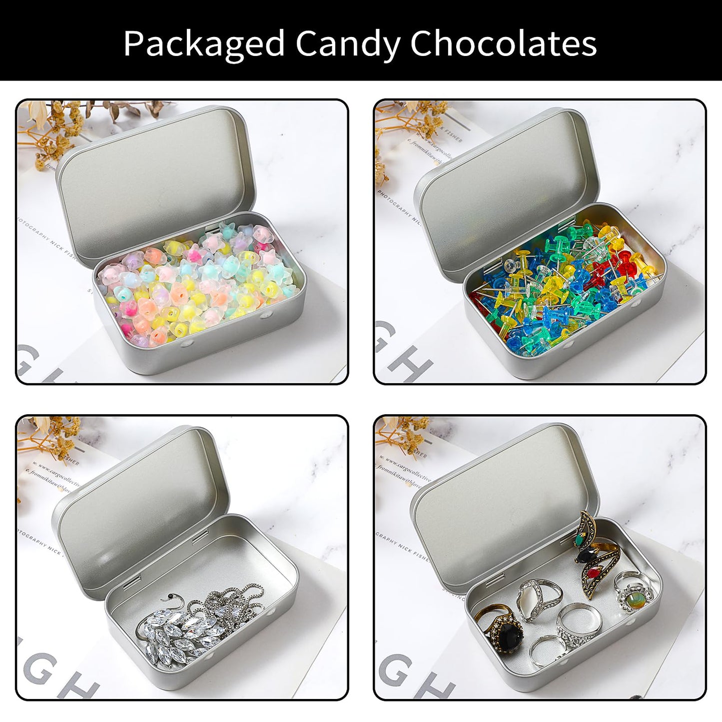 Ouligay Small Metal Tins with Lids - Rectangular Empty Hinged Tins for Candies, Key, Earring, Jewelry (Silver)