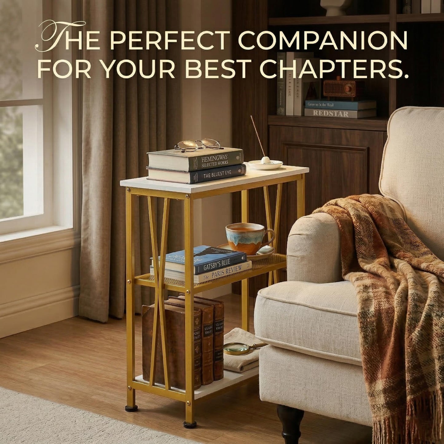 GIOPACO Narrow Side Table,20" Long End Table with 3 Tier Storage Shelves, Small Hallway Table