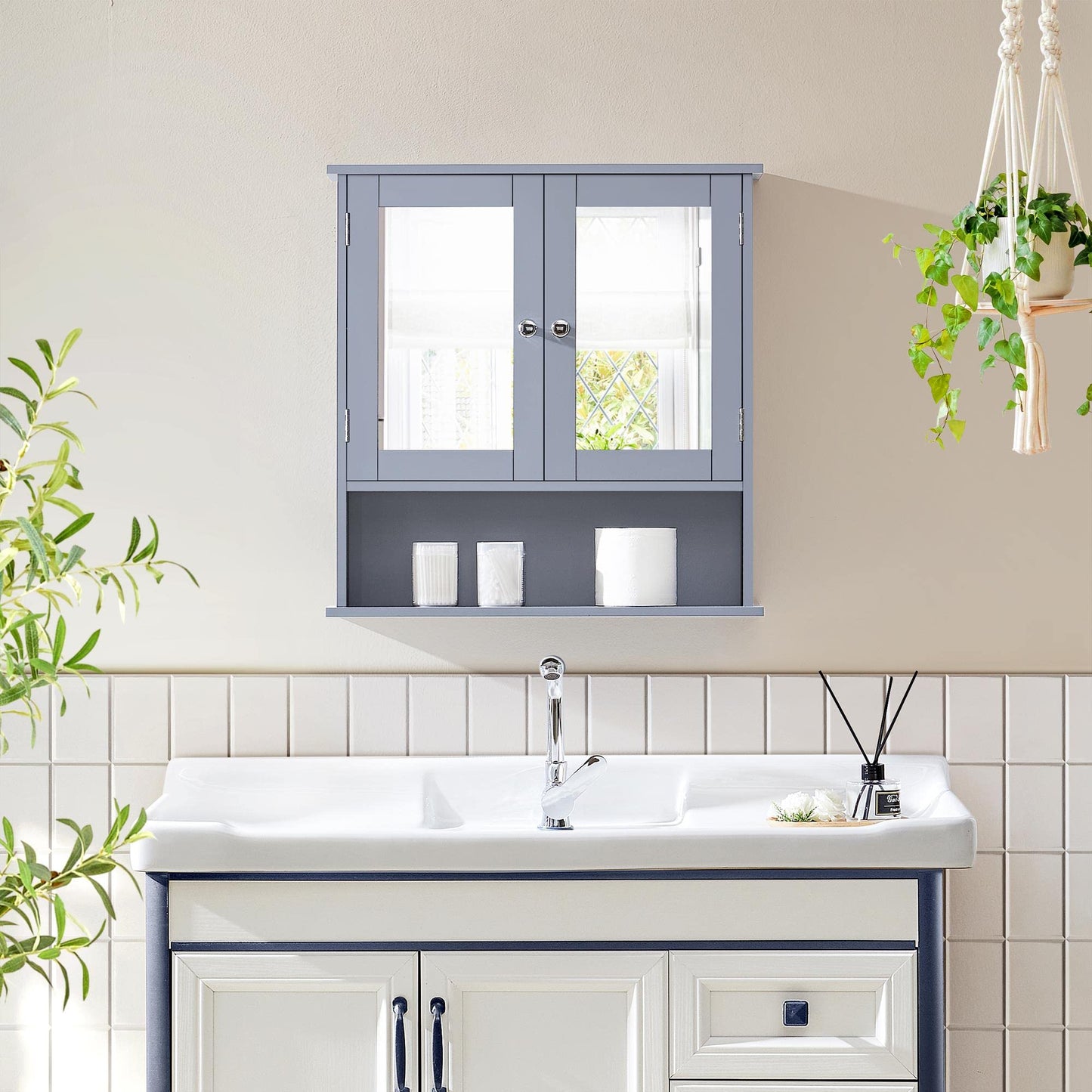 Yaheetech Bathroom Mirror Cabinet, 2 Doors & Open Shelf, Grey