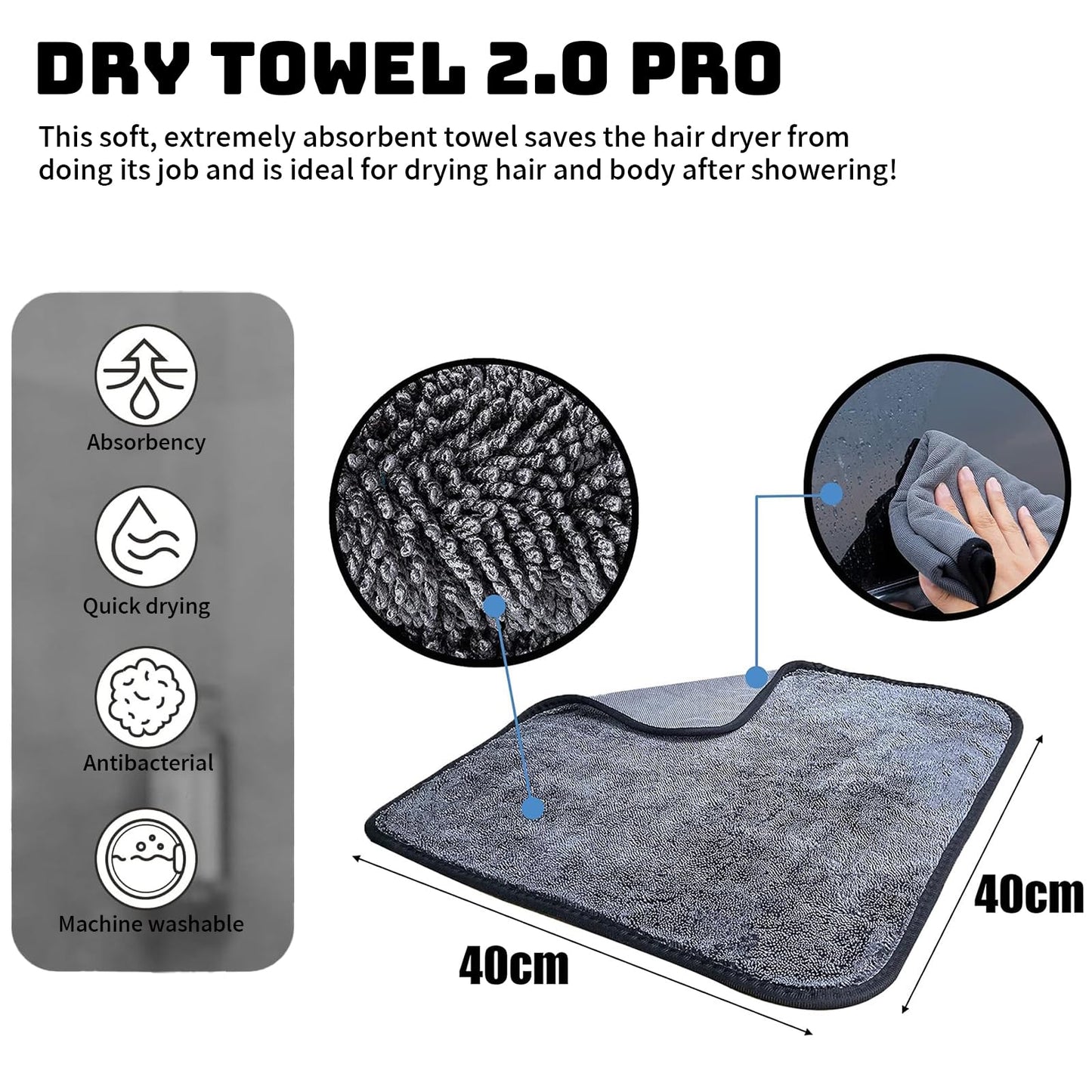 Yeria Shiny Bath XXL Drying Cloth, Fast Dry Microfibre Cloths, Premium Wipes for Shower Cubicle, Car, Household, Camping (3, 40 x 40 cm)