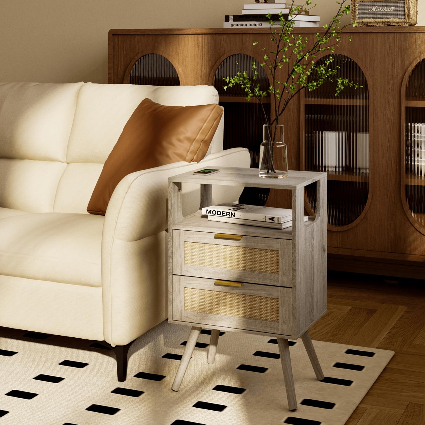 JERX Rattan Bedside Table, Farmhouse Nightstand with 2 Storage Drawer and Open Wood Shelf, for Bedroom and Small Spaces