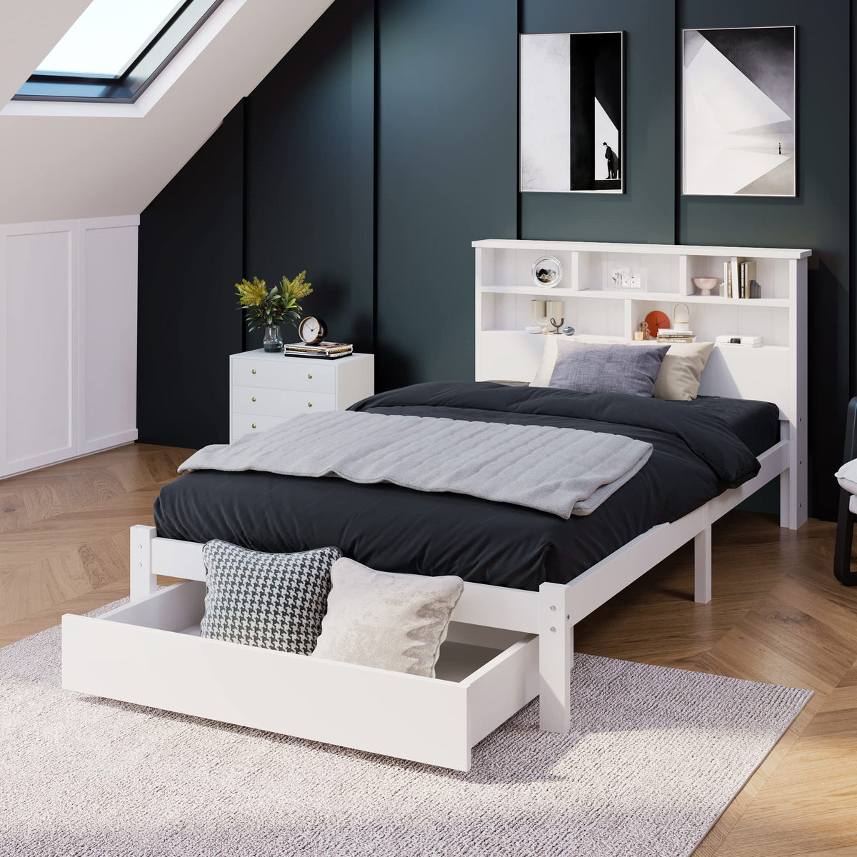 BTM Wooden Bed Frame with Shelves,Wooden Storage Bed, Shelf Headboard, Single Bed for Adult,Kids, Teenagers - 3FT 90 x 190 cm, White