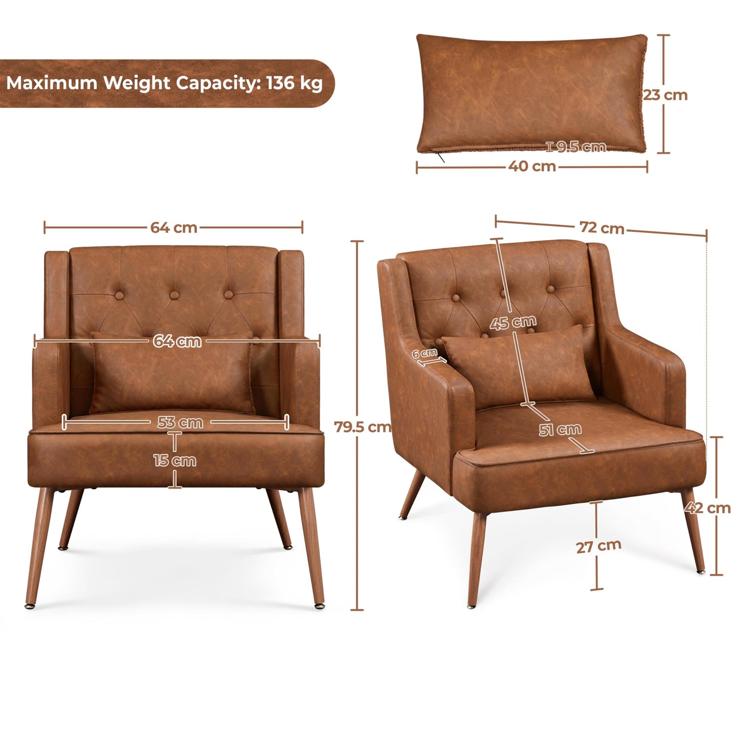 Yaheetech PU Leather Armchair, Tub Chair with Lumbar Pillow, Retro Brown