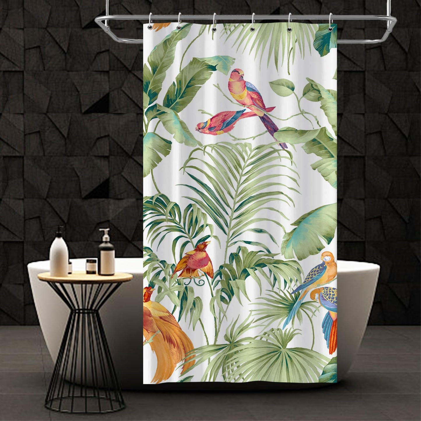 Bovlleetd Botanical Shower Curtain - Small Bathroom Stall, Tropical Plant, Banana Leaves, Spring Hummingbird - Polyester Fabric 92x183cm