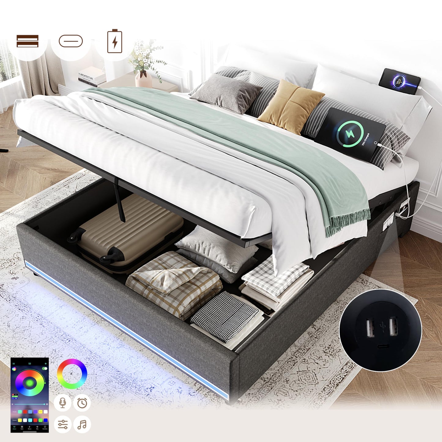 BTM 4ft6 Double Ottoman Storage Bed, No Headboard Linen Bed Frame with LED Lights, Charging, Side Pockets, Grey (No Mattress)