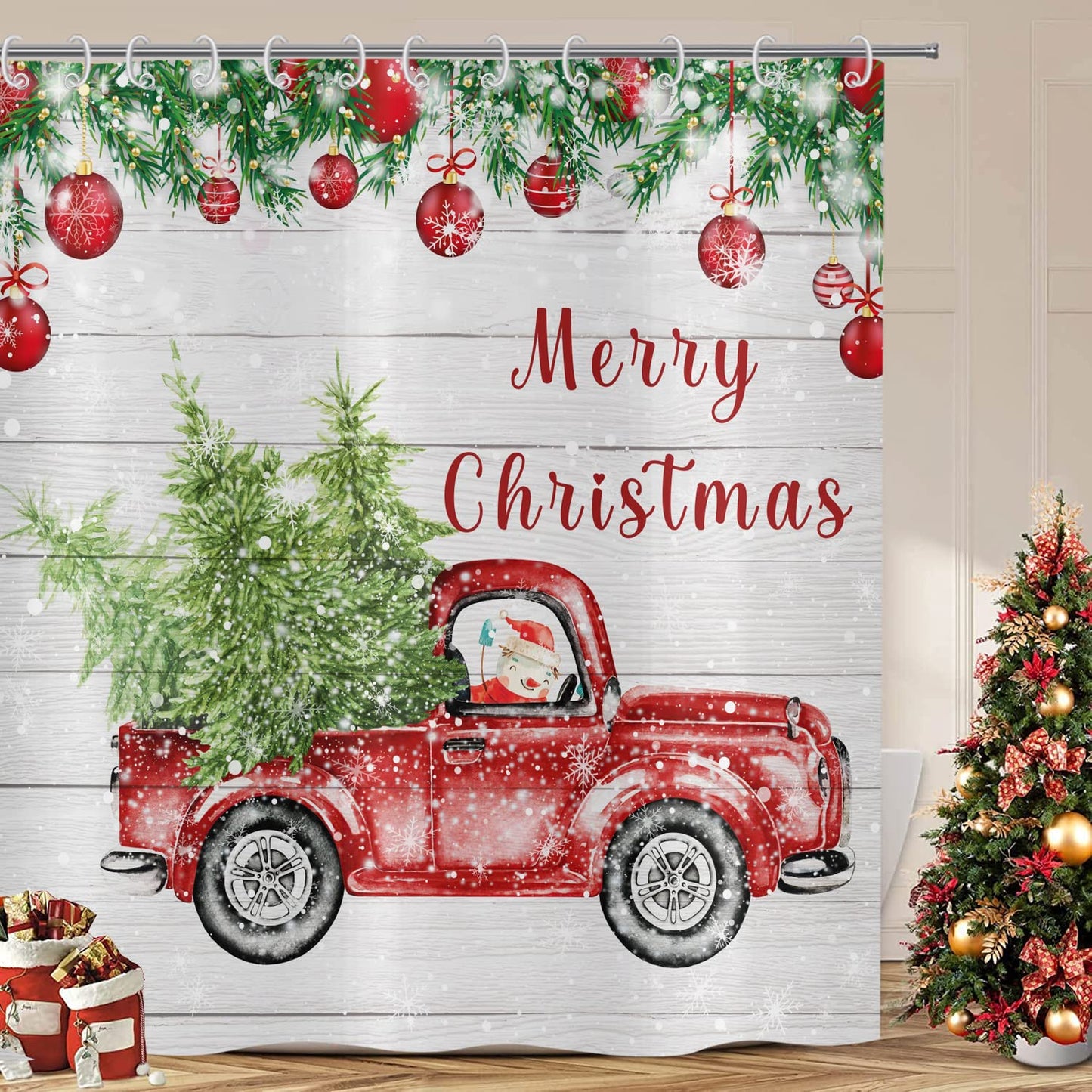 ASDCXZ Christmas Shower Curtain 180 x 200 cm, Retro Wood Grain Red Truck Snowman Christmas Tree Bathroom Washable Shower Curtains Polyester Textile