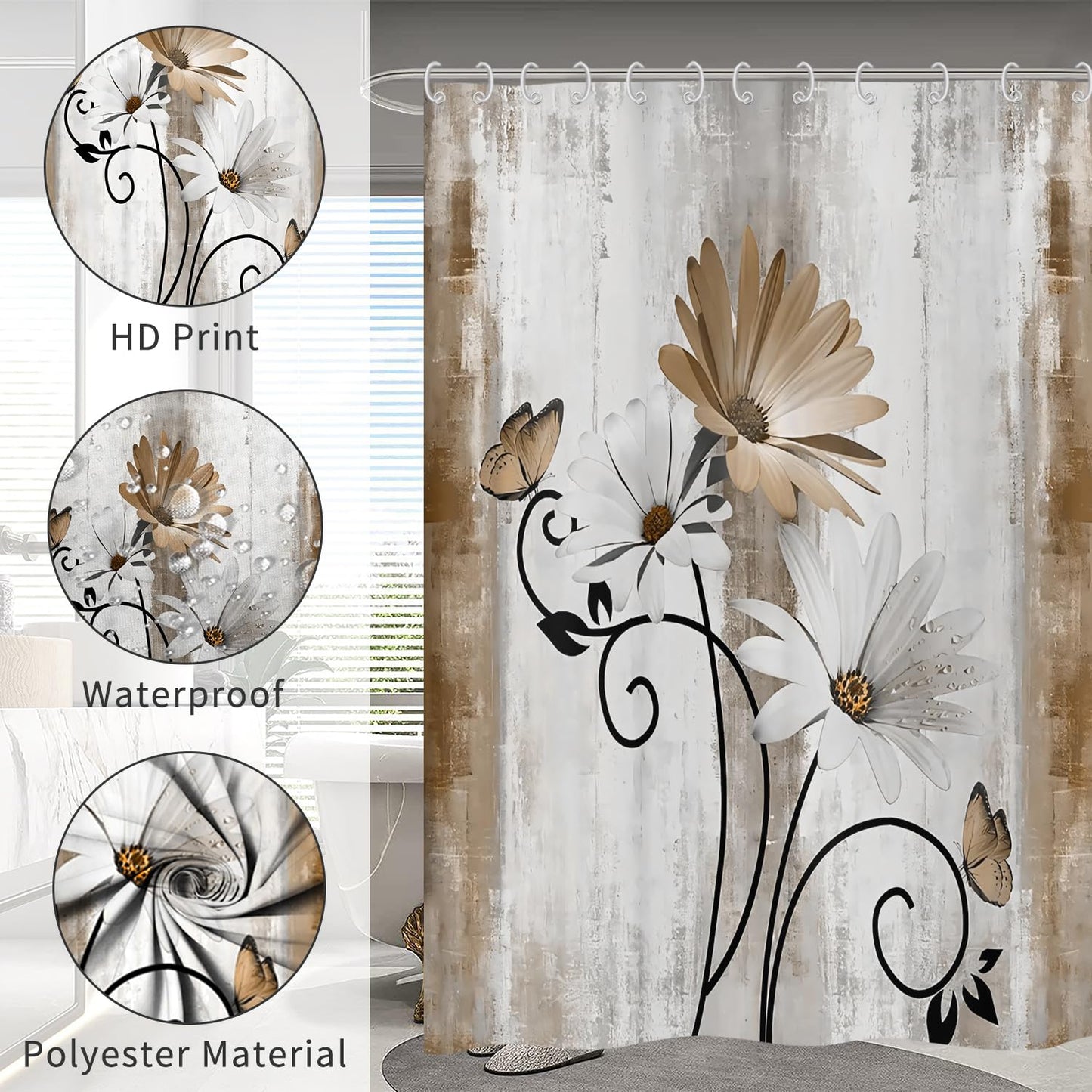 Hnmdmyi Farmhouse Floral Shower Curtain 180x200, Rustic Brown Daisy Flowers and Butterfly on Country Wooden Board Bathroom Curtains Waterproof