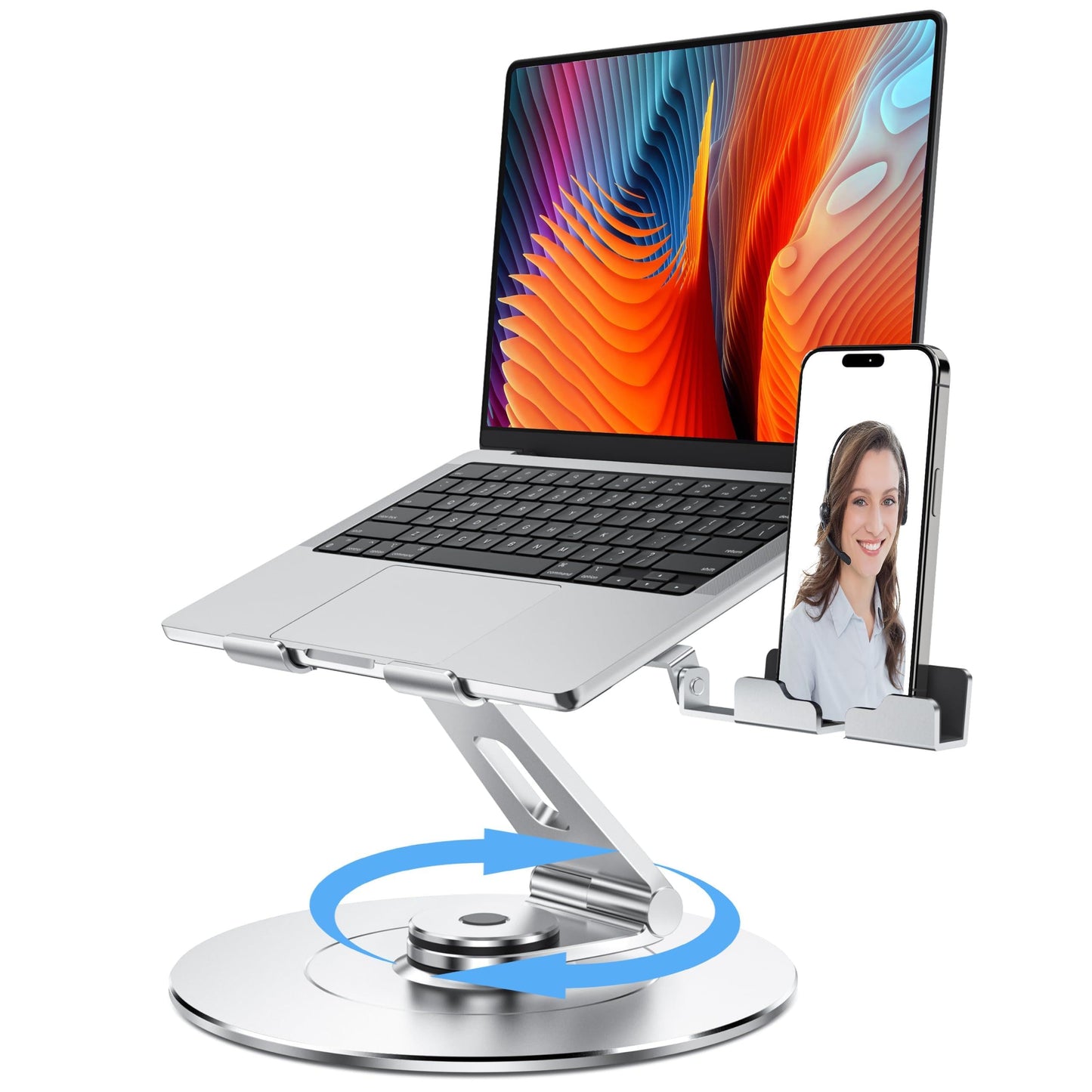 LOXP Ultra-Stable Aluminumy Swivel Laptop Stand for Desk with Rotating Foldable Phone Holder, 300% Large Base Stability, Anti-Loosening Structure