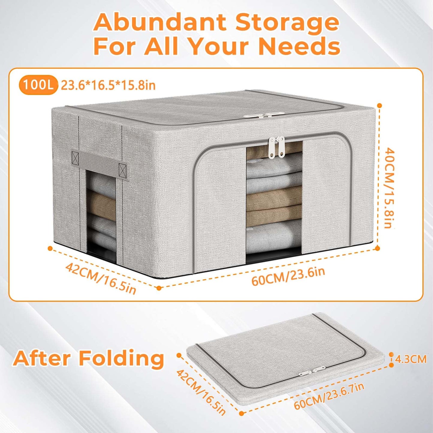 Boic 3 Pack Clothes Storage Boxes With Metal Frame, 100L Foldable Storage Boxes For Clothes
